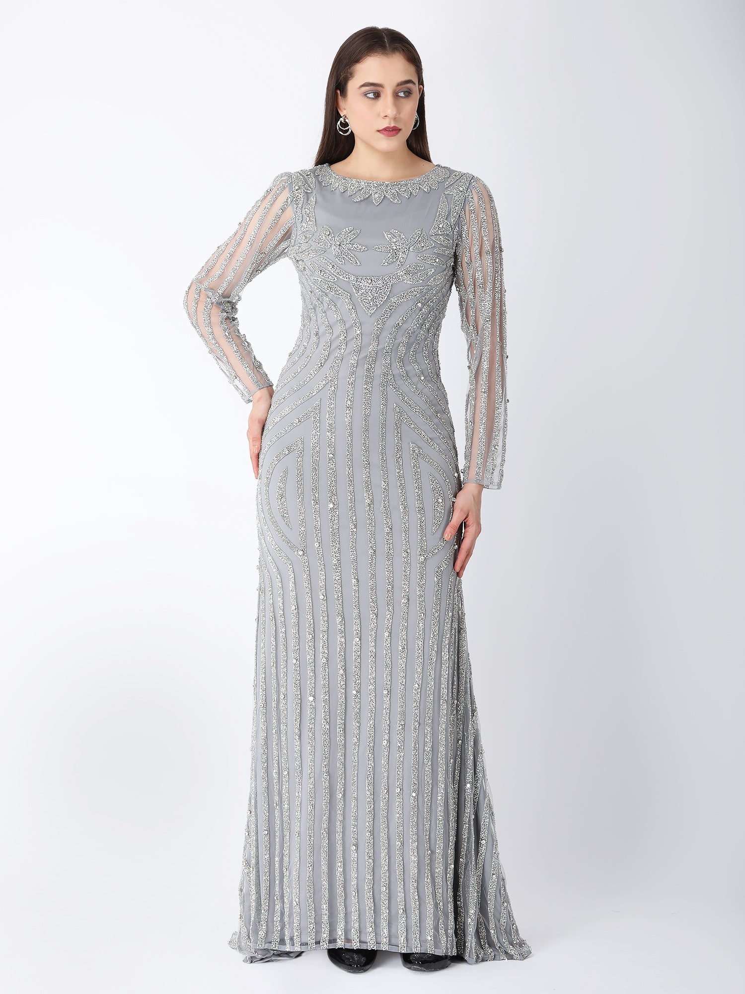 Masterpiece Grey Silver Viscose Tulle Story Beaded Gown
