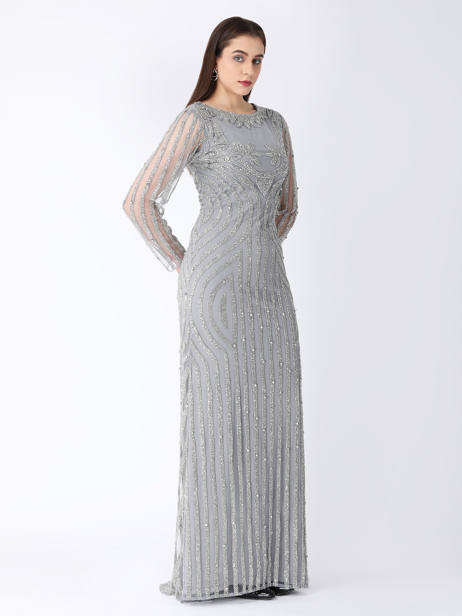 Masterpiece Grey Silver Viscose Tulle Story Beaded Gown