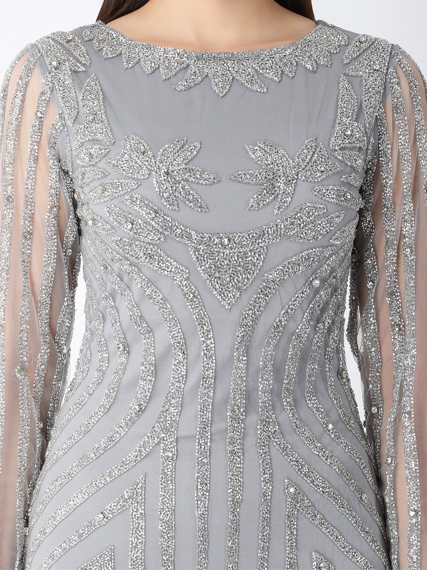 Masterpiece Grey Silver Viscose Tulle Story Beaded Gown