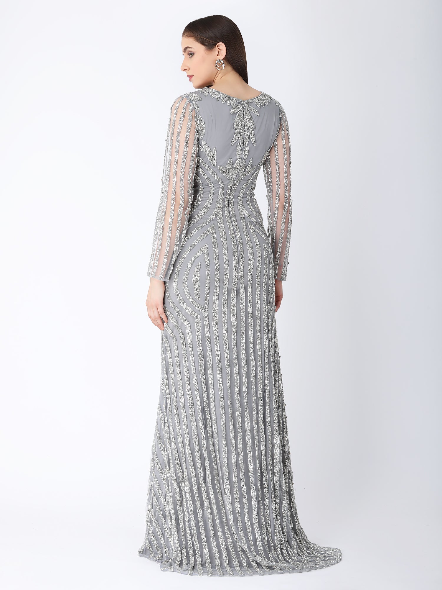 Masterpiece Grey Silver Viscose Tulle Story Beaded Gown