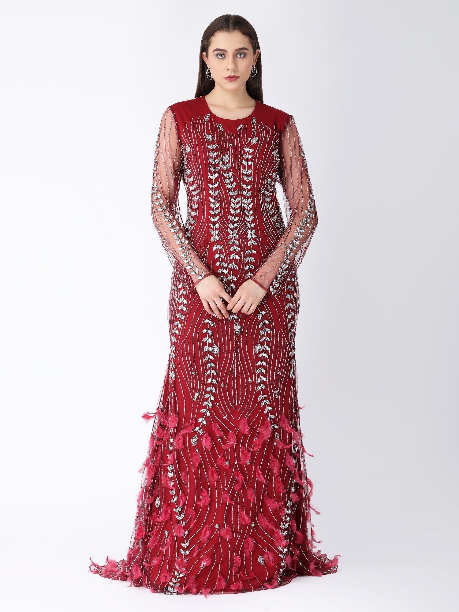 Glamorous Burgundy Red Viscose Tulle Feather Bird Gown Sequins