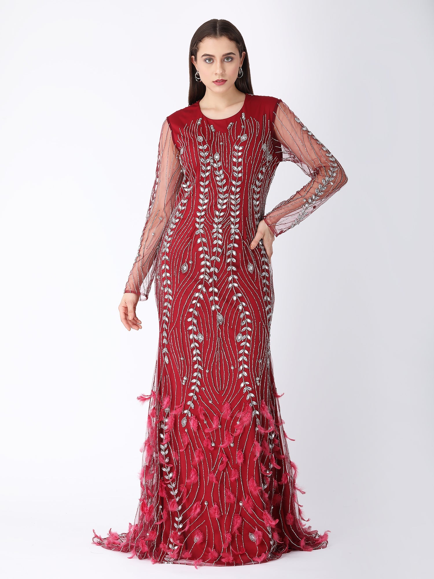 Glamorous Burgundy Red Viscose Tulle Feather Bird Gown Sequins
