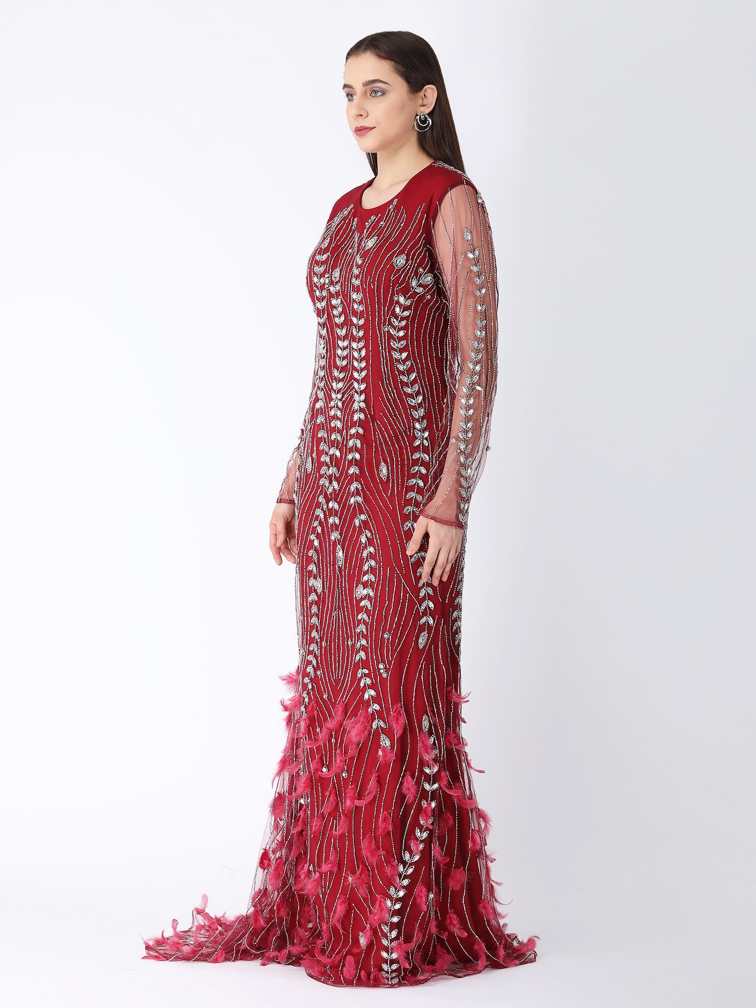 Glamorous Burgundy Red Viscose Tulle Feather Bird Gown Sequins