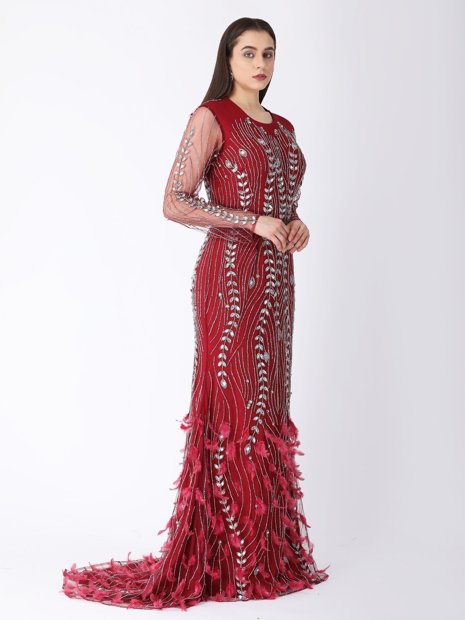 Glamorous Burgundy Red Viscose Tulle Feather Bird Gown Sequins