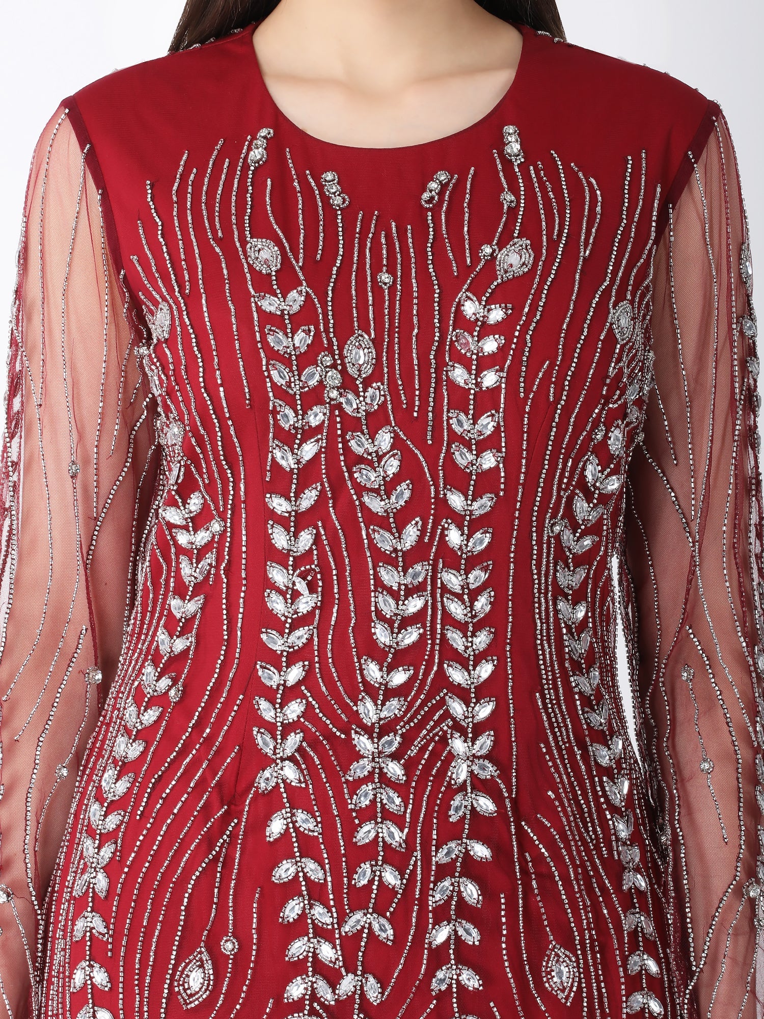 Glamorous Burgundy Red Viscose Tulle Feather Bird Gown Sequins