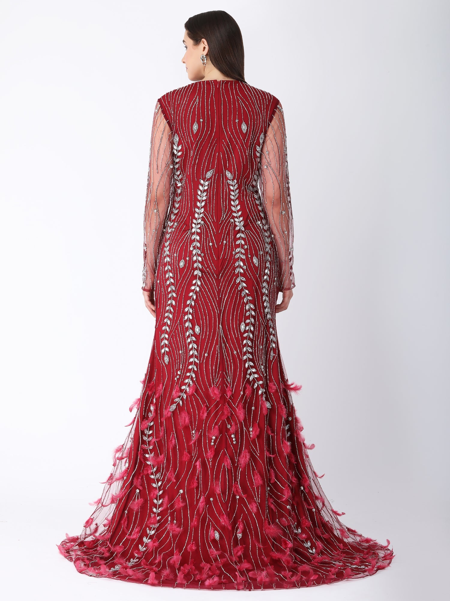 Glamorous Burgundy Red Viscose Tulle Feather Bird Gown Sequins