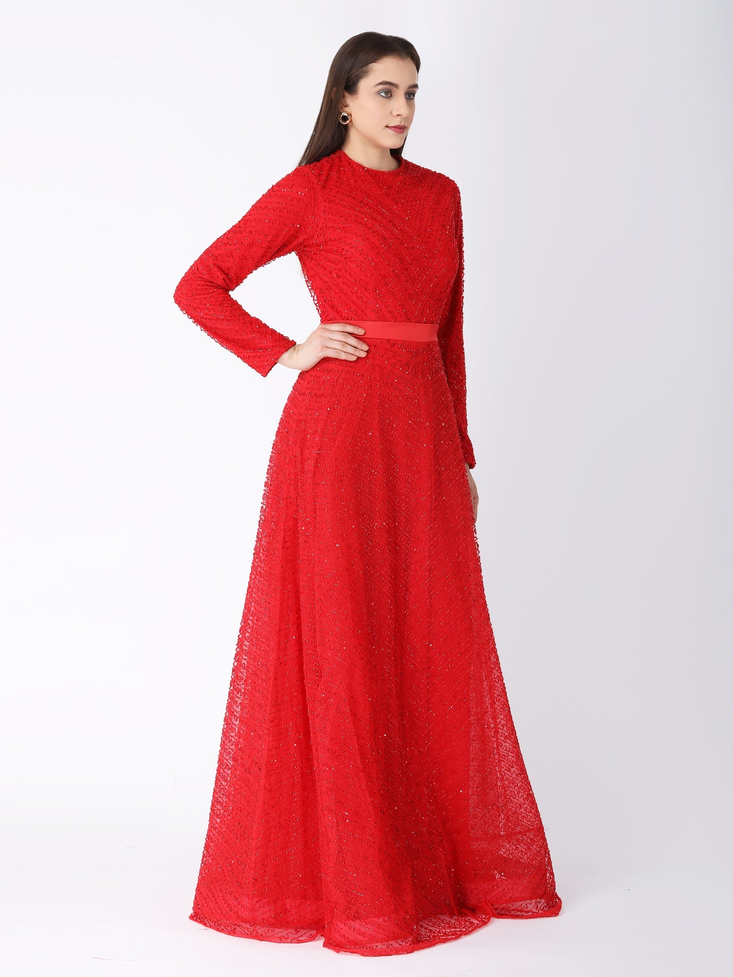 Royal Red Viscose Tulle Ruby Shimmer A-Line Gown Beads Embroidery