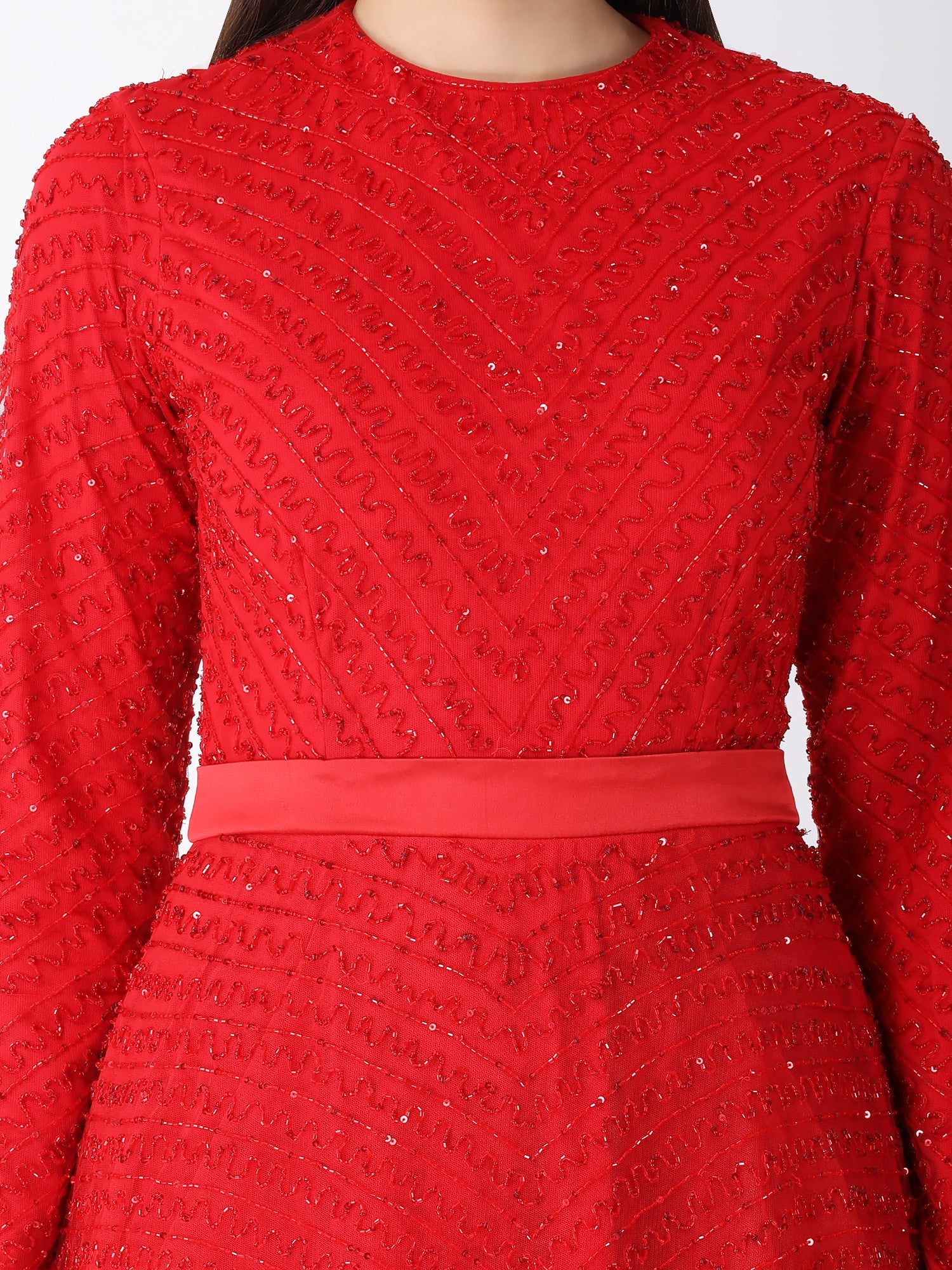 Royal Red Viscose Tulle Ruby Shimmer A-Line Gown Beads Embroidery