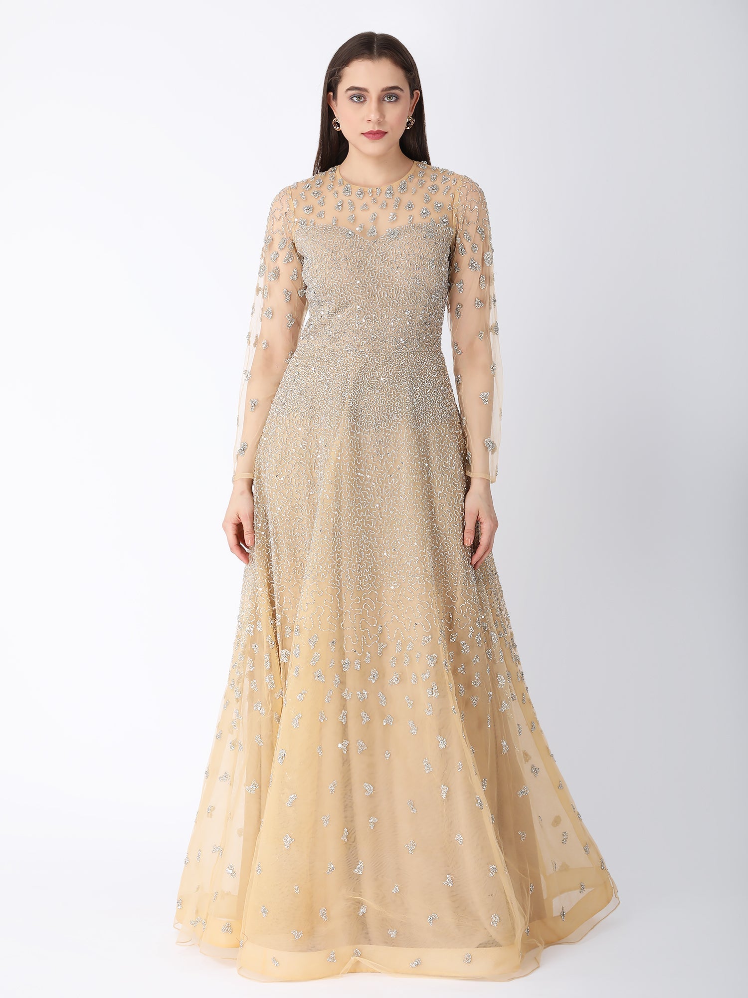 Royal Beige Viscose Tulle Starry Dust A-Line Gown Beadwork