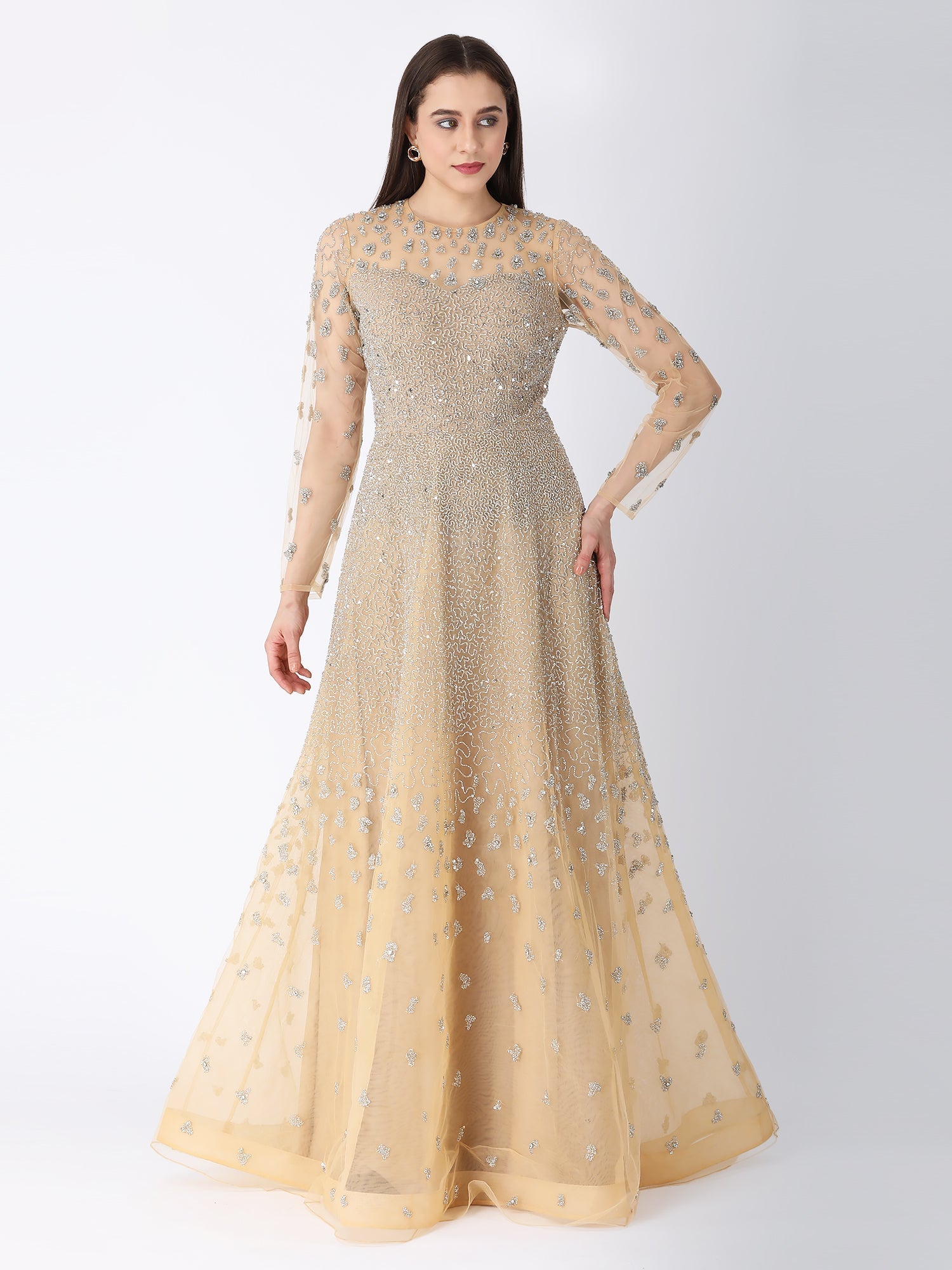 Royal Beige Viscose Tulle Starry Dust A-Line Gown Beadwork