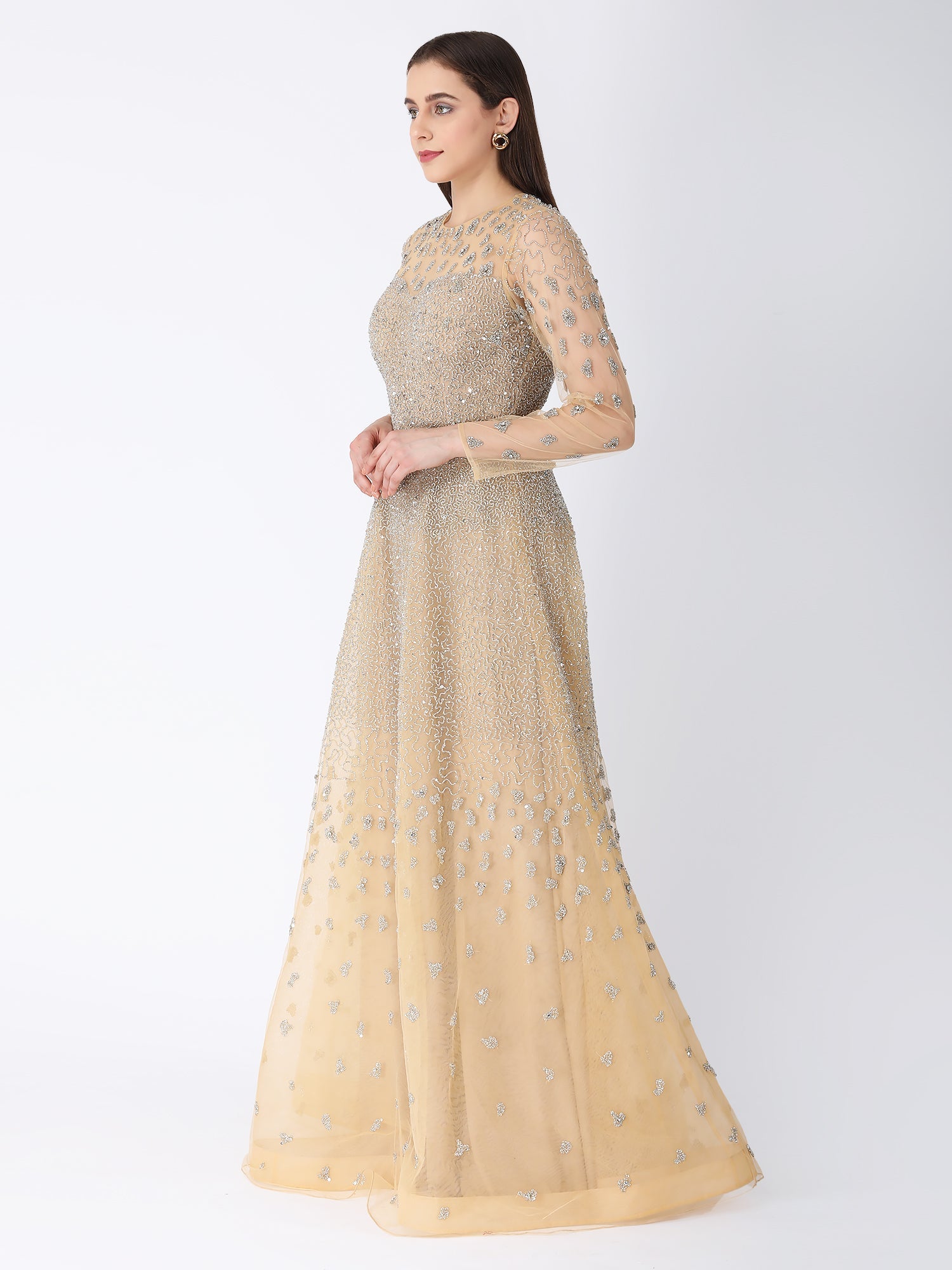 Royal Beige Viscose Tulle Starry Dust A-Line Gown Beadwork
