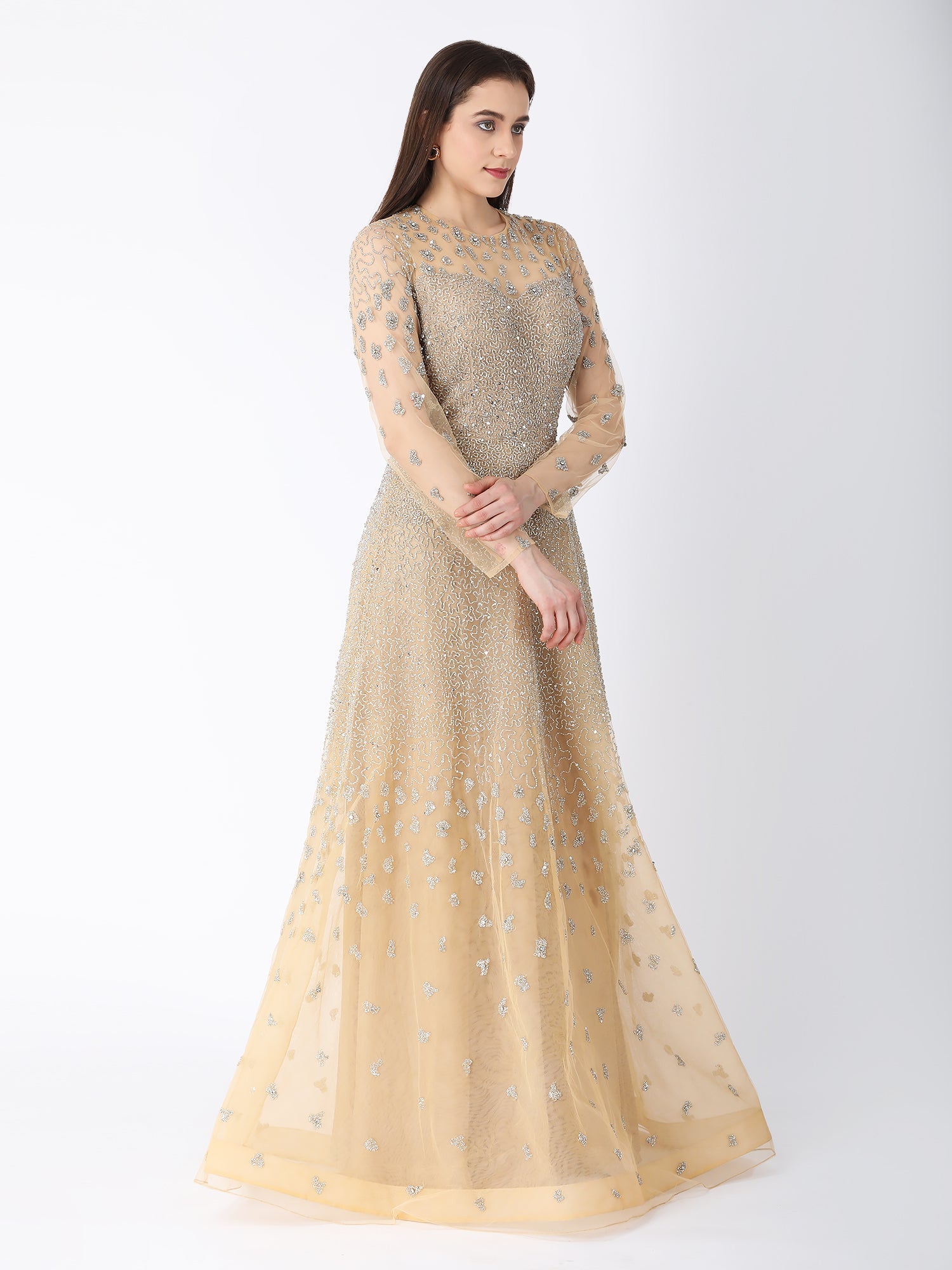 Royal Beige Viscose Tulle Starry Dust A-Line Gown Beadwork