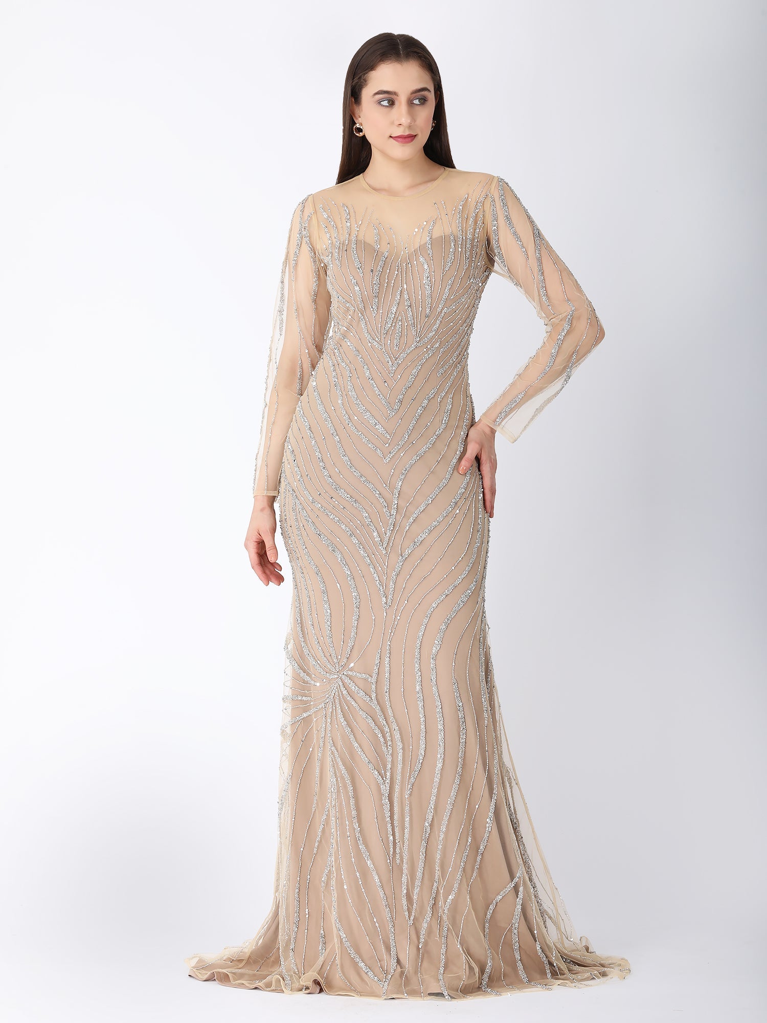 Royal Beige Viscose Tulle Glam Hand Embroidered Gown