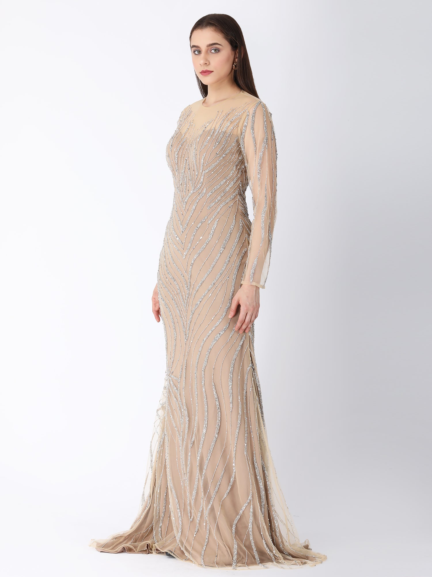Royal Beige Viscose Tulle Glam Hand Embroidered Gown