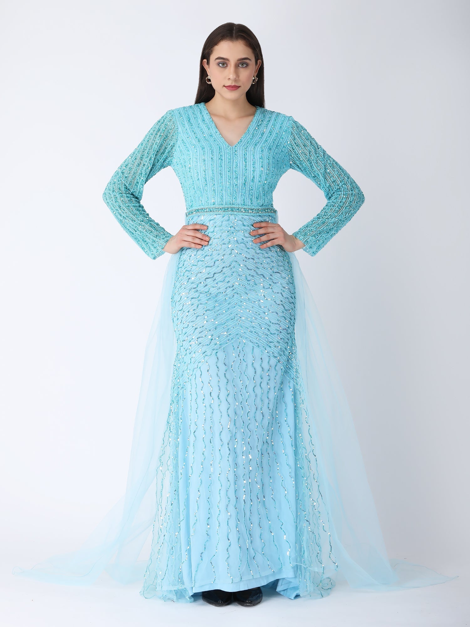 Masterpiece Sky Blue Viscose Tulle Cape Drape Gown Beadwork Embroidery