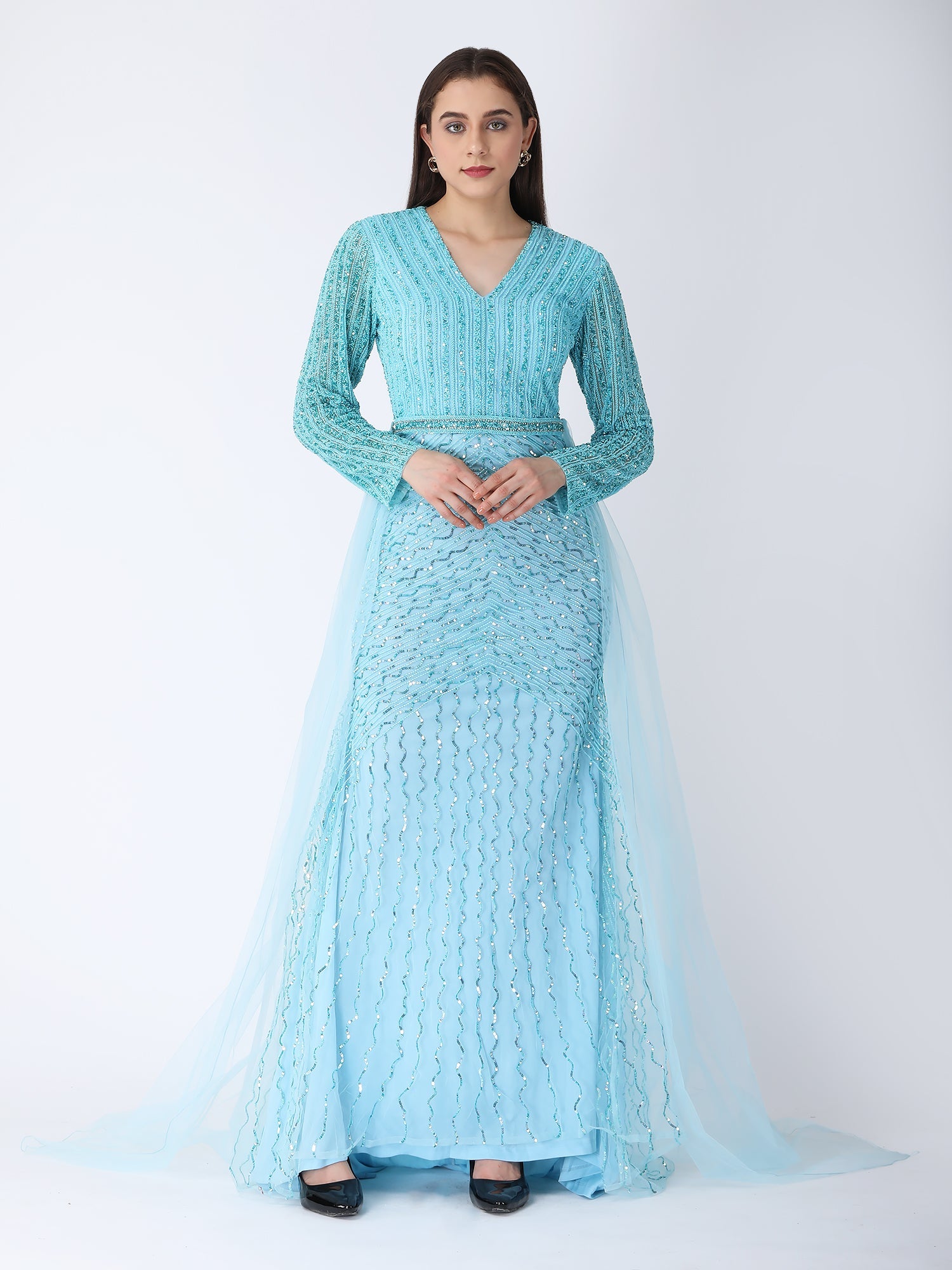Masterpiece Sky Blue Viscose Tulle Cape Drape Gown Beadwork Embroidery