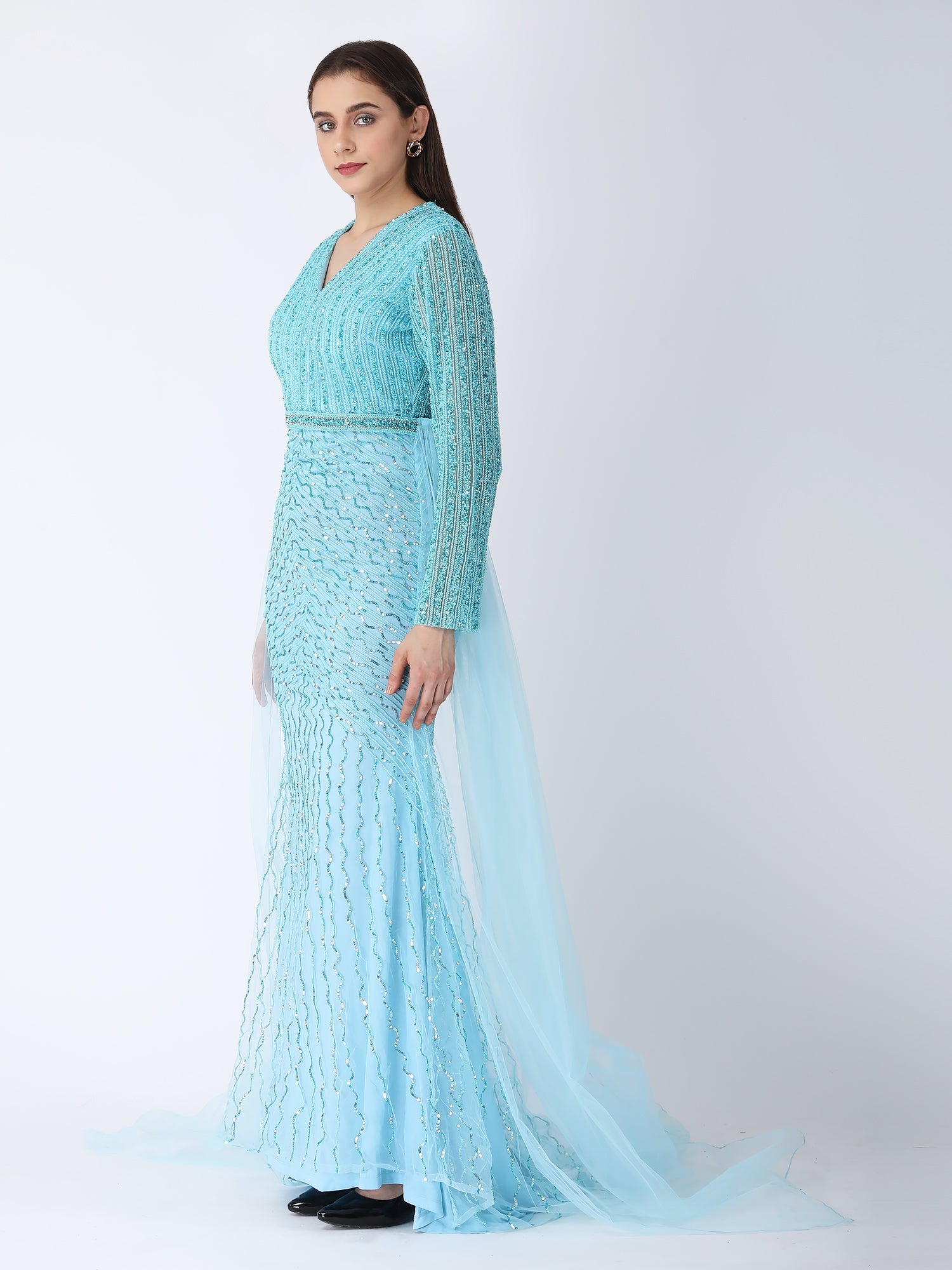 Masterpiece Sky Blue Viscose Tulle Cape Drape Gown Beadwork Embroidery