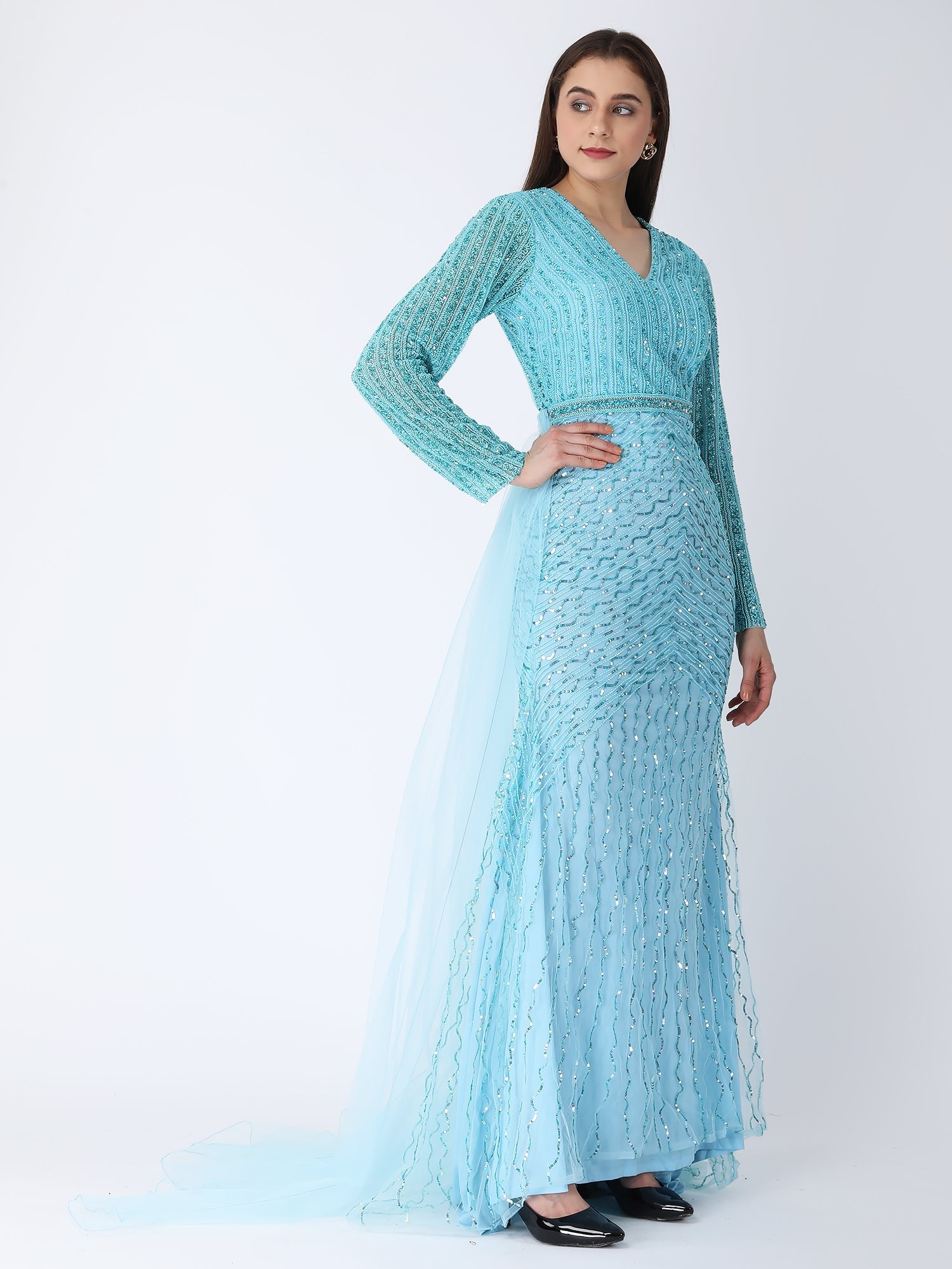 Masterpiece Sky Blue Viscose Tulle Cape Drape Gown Beadwork Embroidery