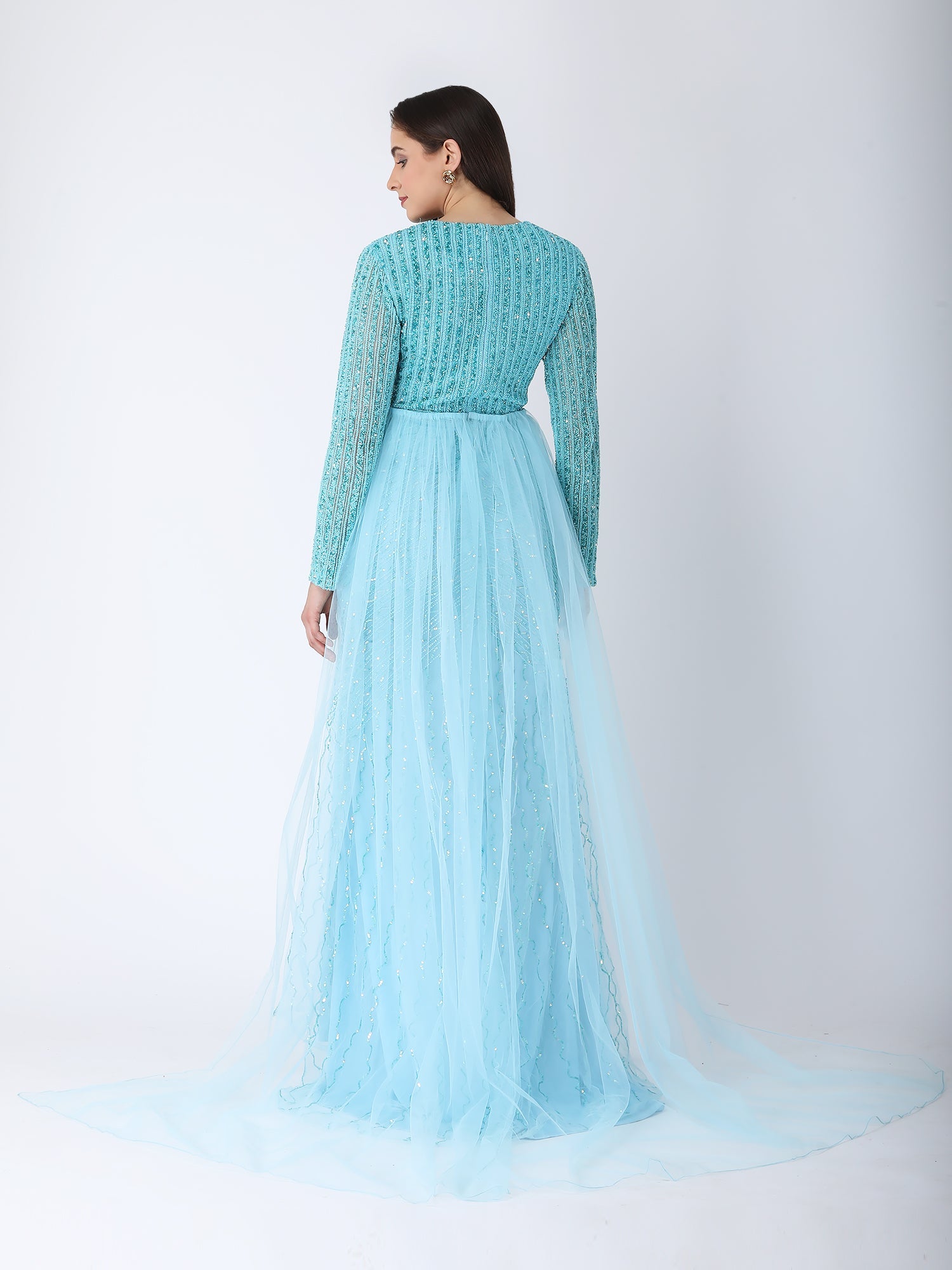 Masterpiece Sky Blue Viscose Tulle Cape Drape Gown Beadwork Embroidery