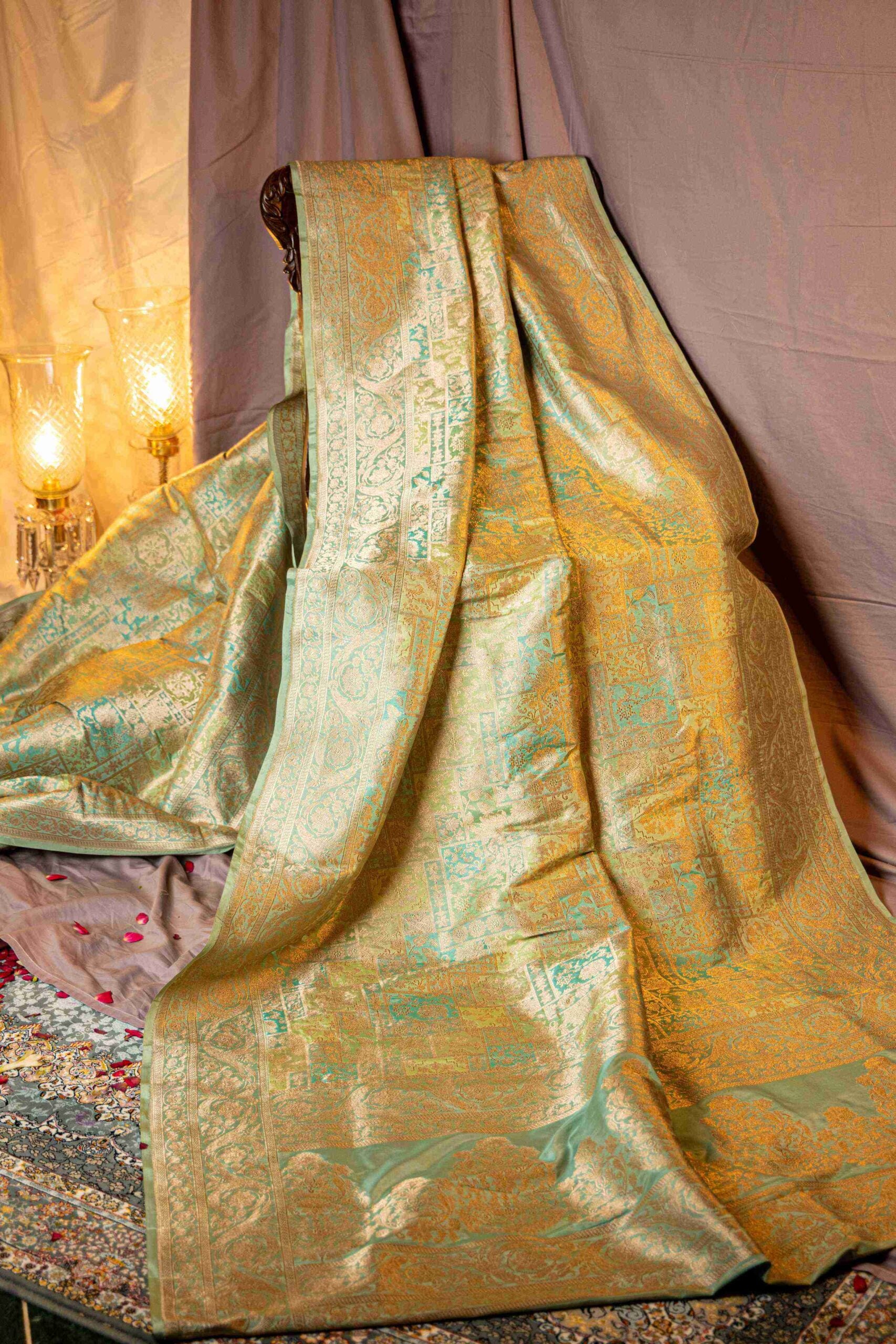 Sea Green Blue Benaras Silk Saree Creepers Geometric Zari