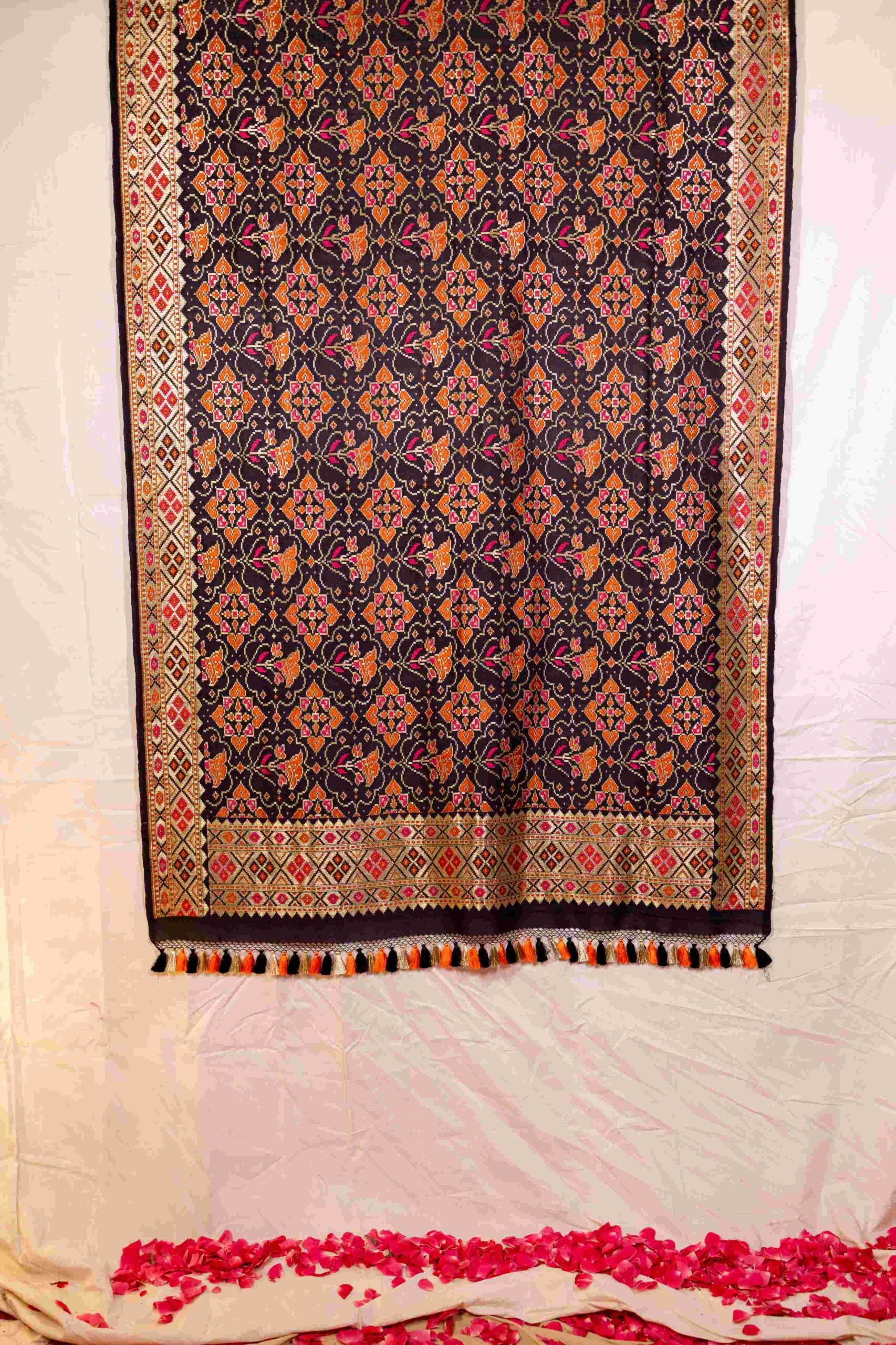 Black Tussar Silk Patola Benarasi Dupatta Gold Zari Orange Meenakari