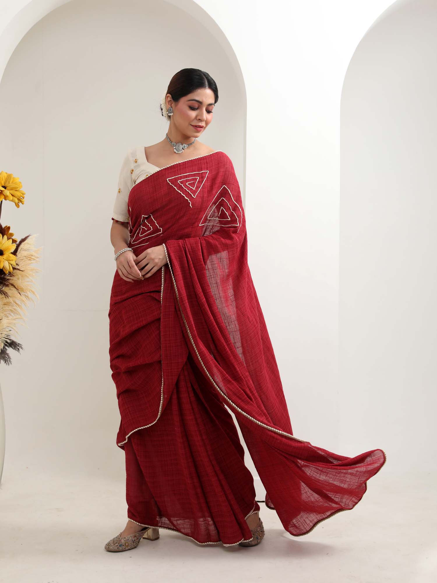 Beautiful Maroon Red Cotton Check Saree Thread Lace - Rubaru