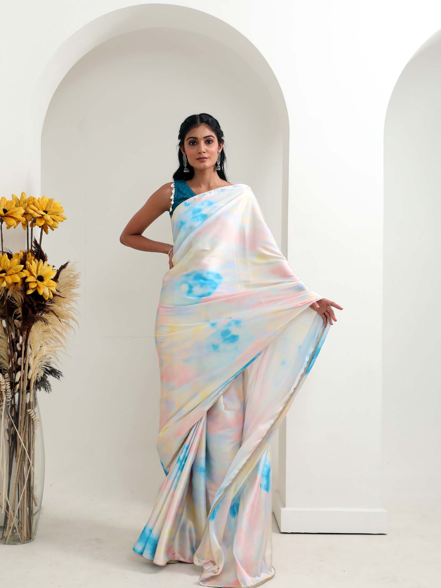 Unique Multicolor White Sky Blue Satin Tie Dye Saree Teal Cotton Blouse
