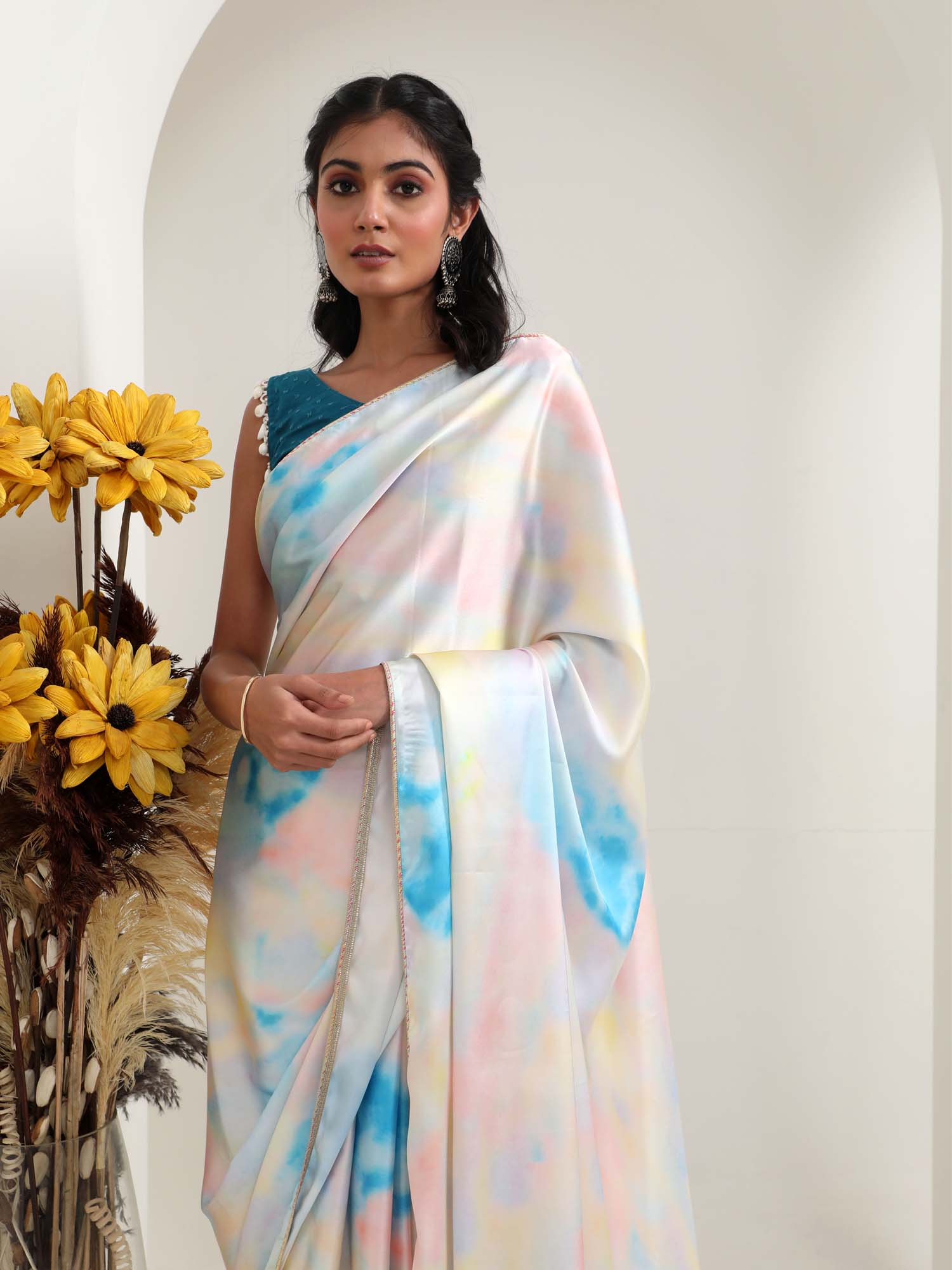 Unique Multicolor White Sky Blue Satin Tie Dye Saree Teal Cotton Blouse
