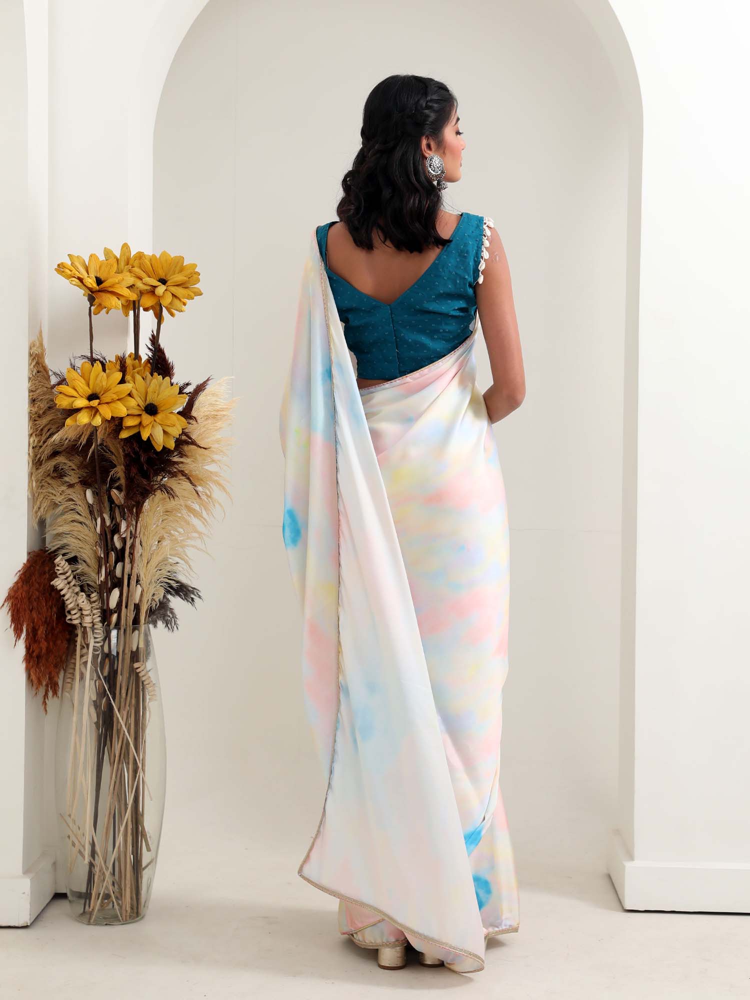 Unique Multicolor White Sky Blue Satin Tie Dye Saree Teal Cotton Blouse