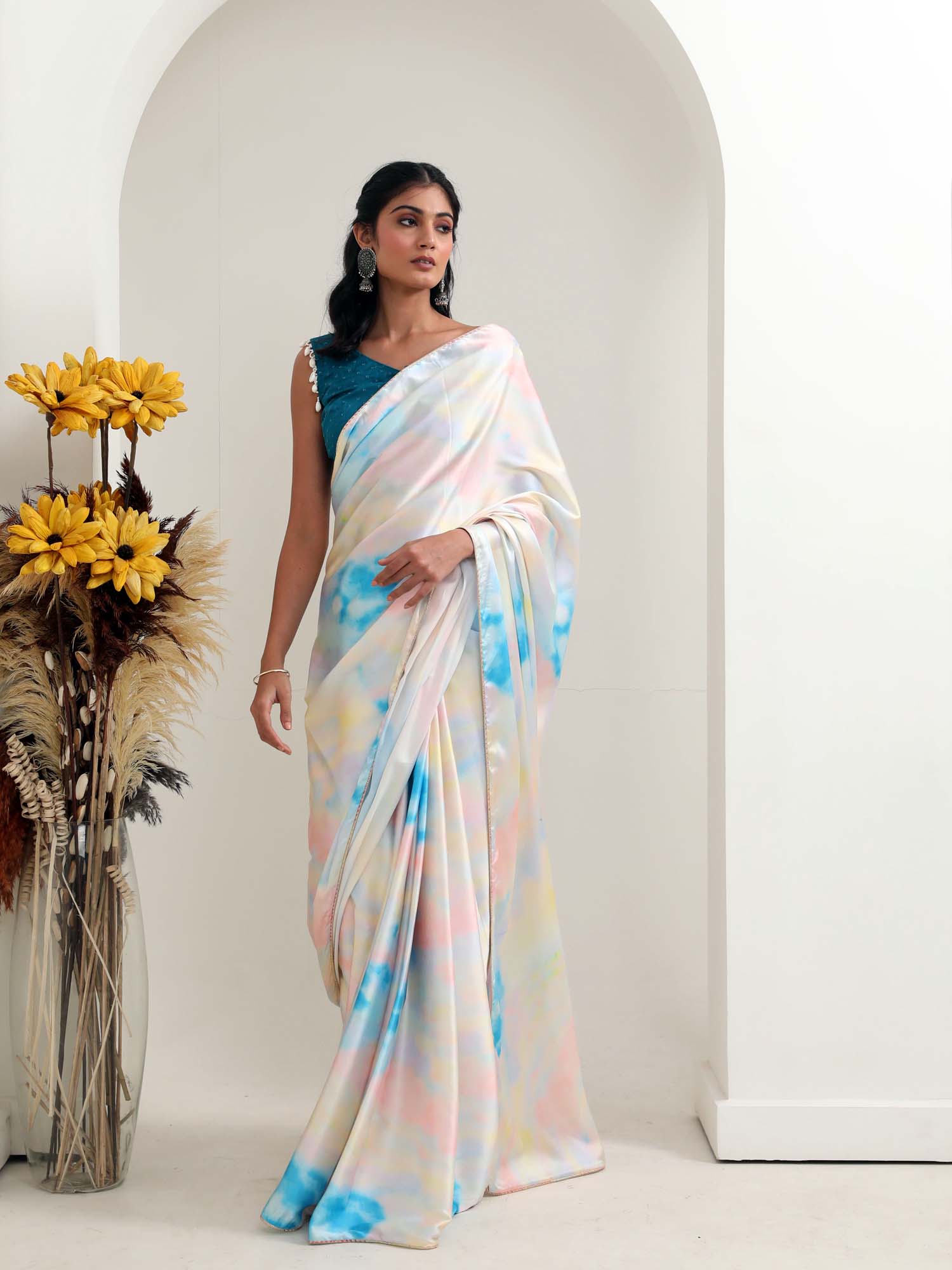 Unique Multicolor White Sky Blue Satin Tie Dye Saree Teal Cotton Blouse