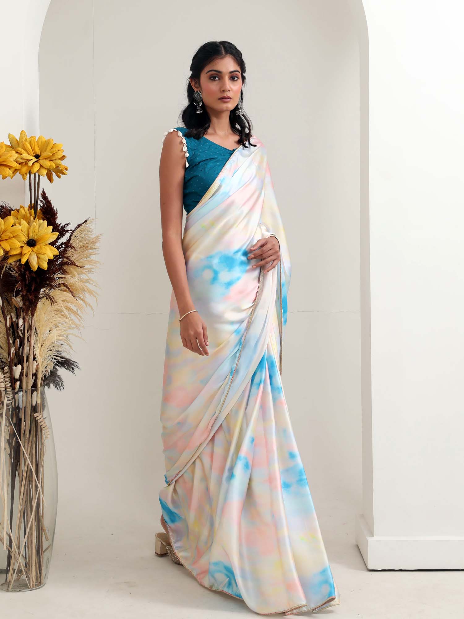 Unique Multicolor White Sky Blue Satin Tie Dye Saree Teal Cotton Blouse