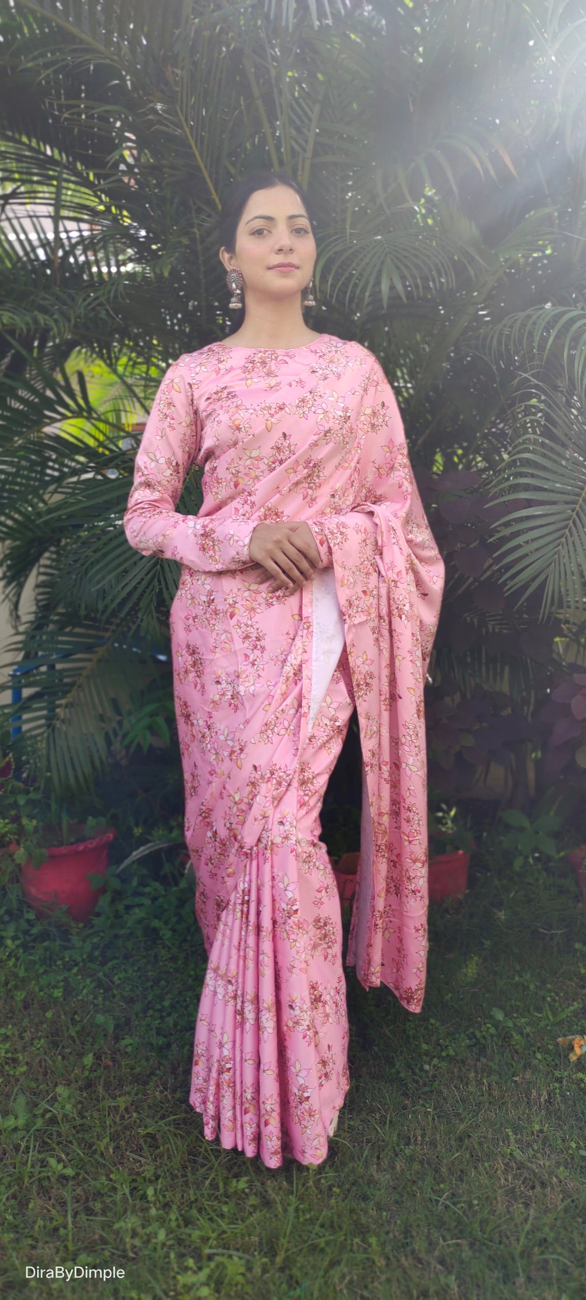 Stylish Pink Peach Satin Silk Floral Printed Saree