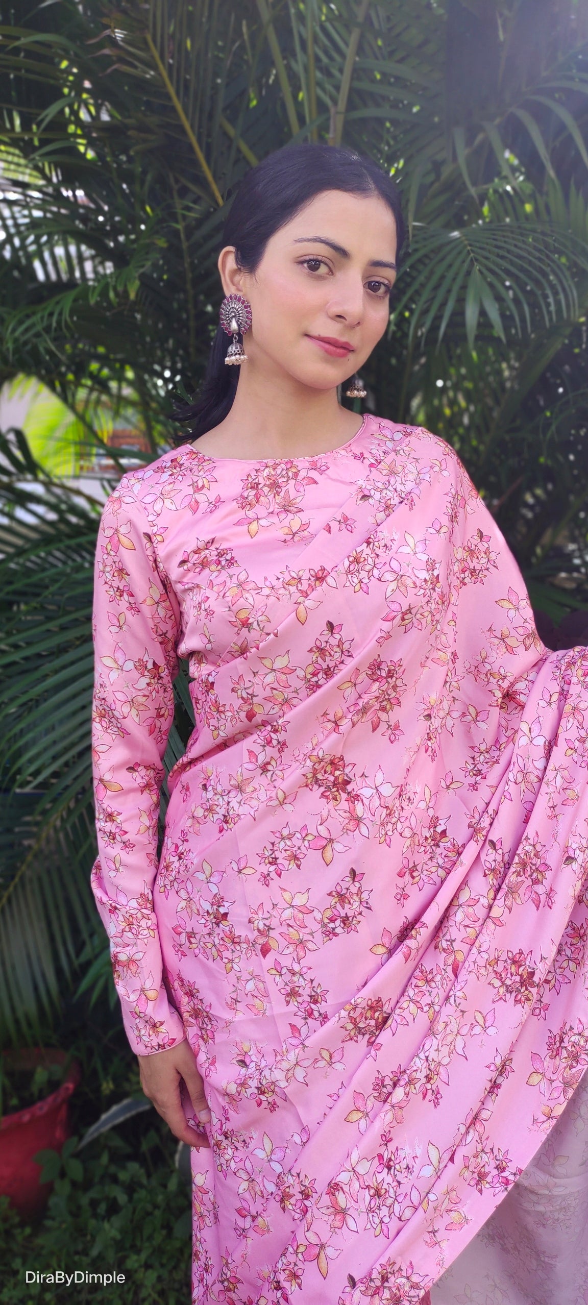 Stylish Pink Peach Satin Silk Floral Printed Saree