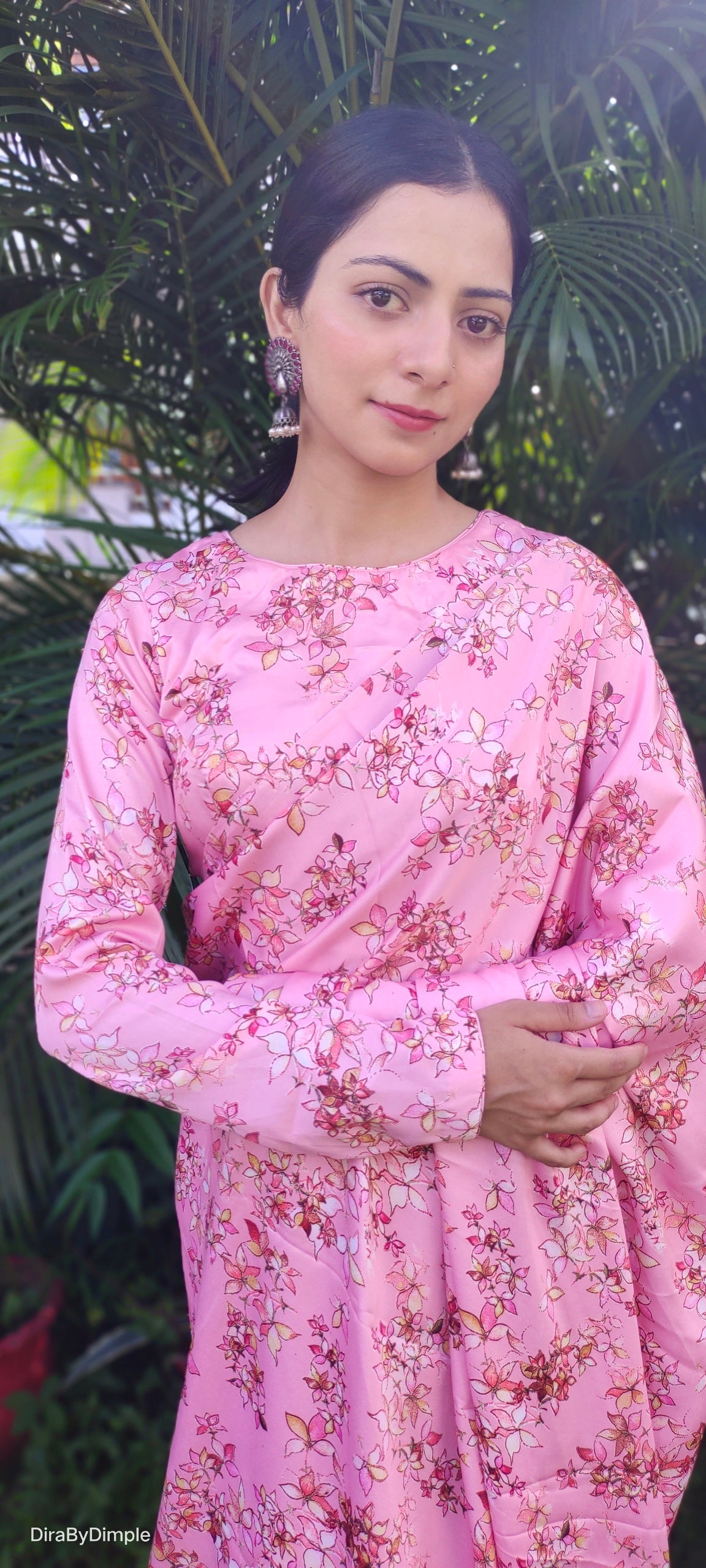 Stylish Pink Peach Satin Silk Floral Printed Saree