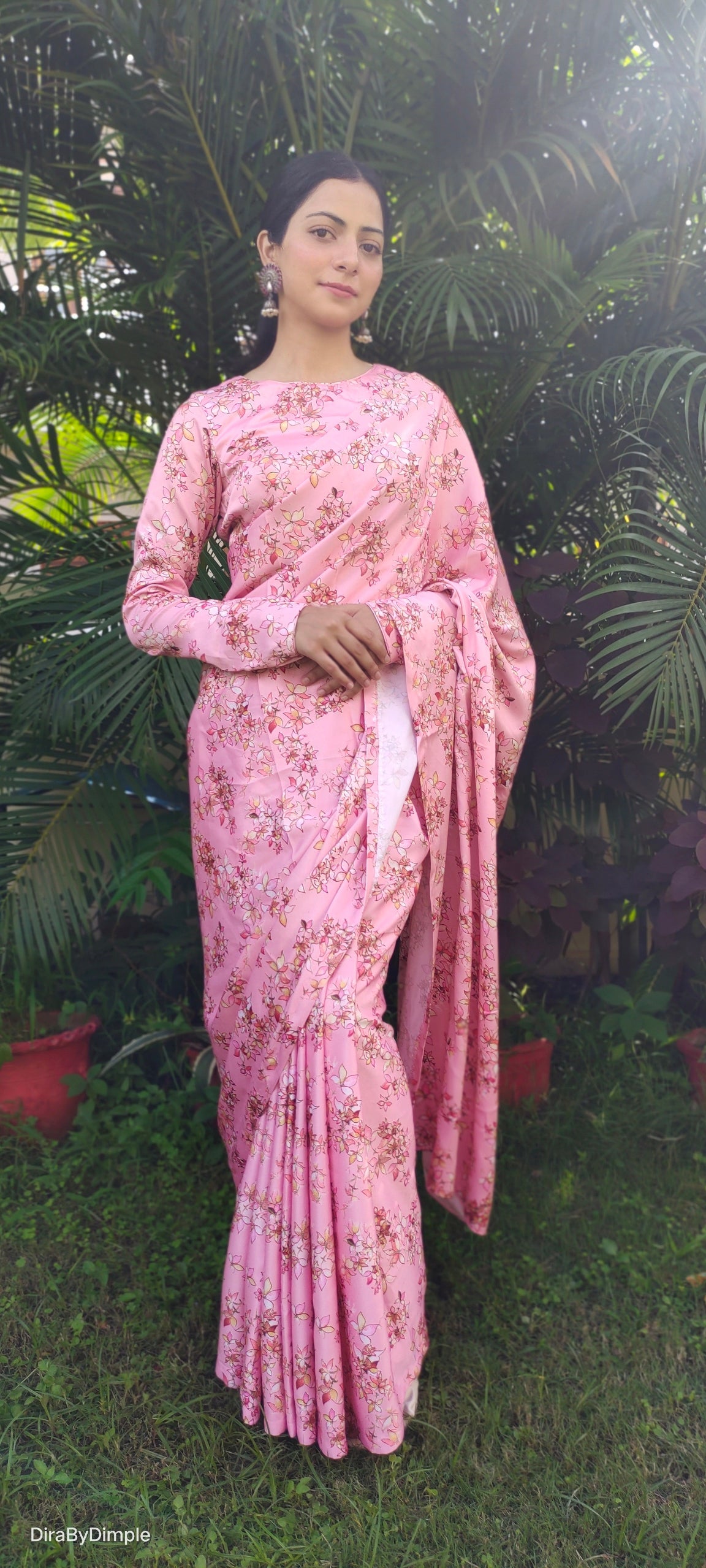 Stylish Pink Peach Satin Silk Floral Printed Saree