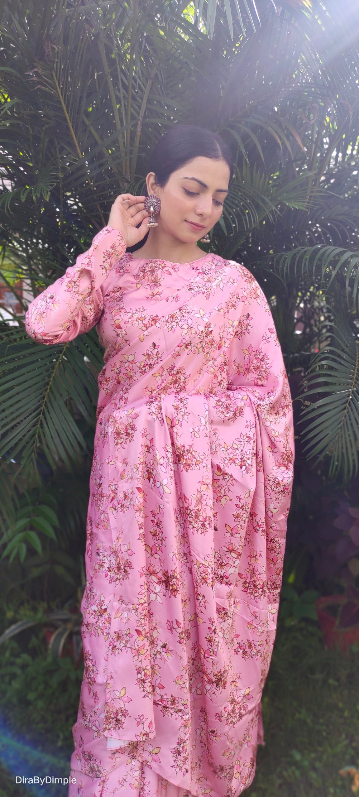 Stylish Pink Peach Satin Silk Floral Printed Saree