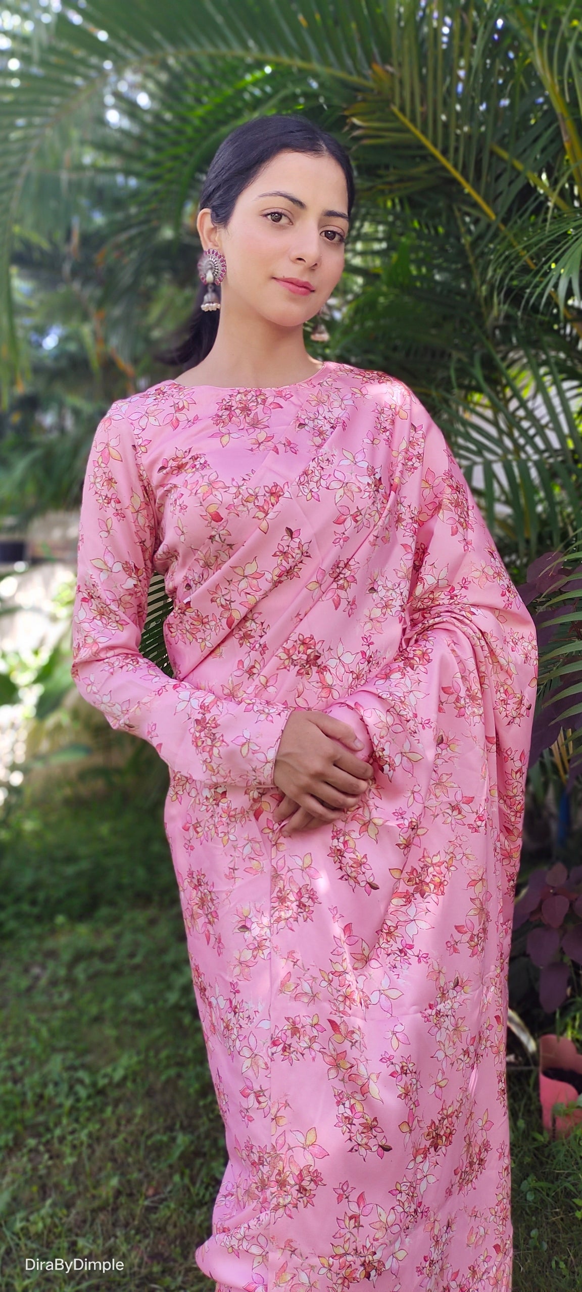 Stylish Pink Peach Satin Silk Floral Printed Saree