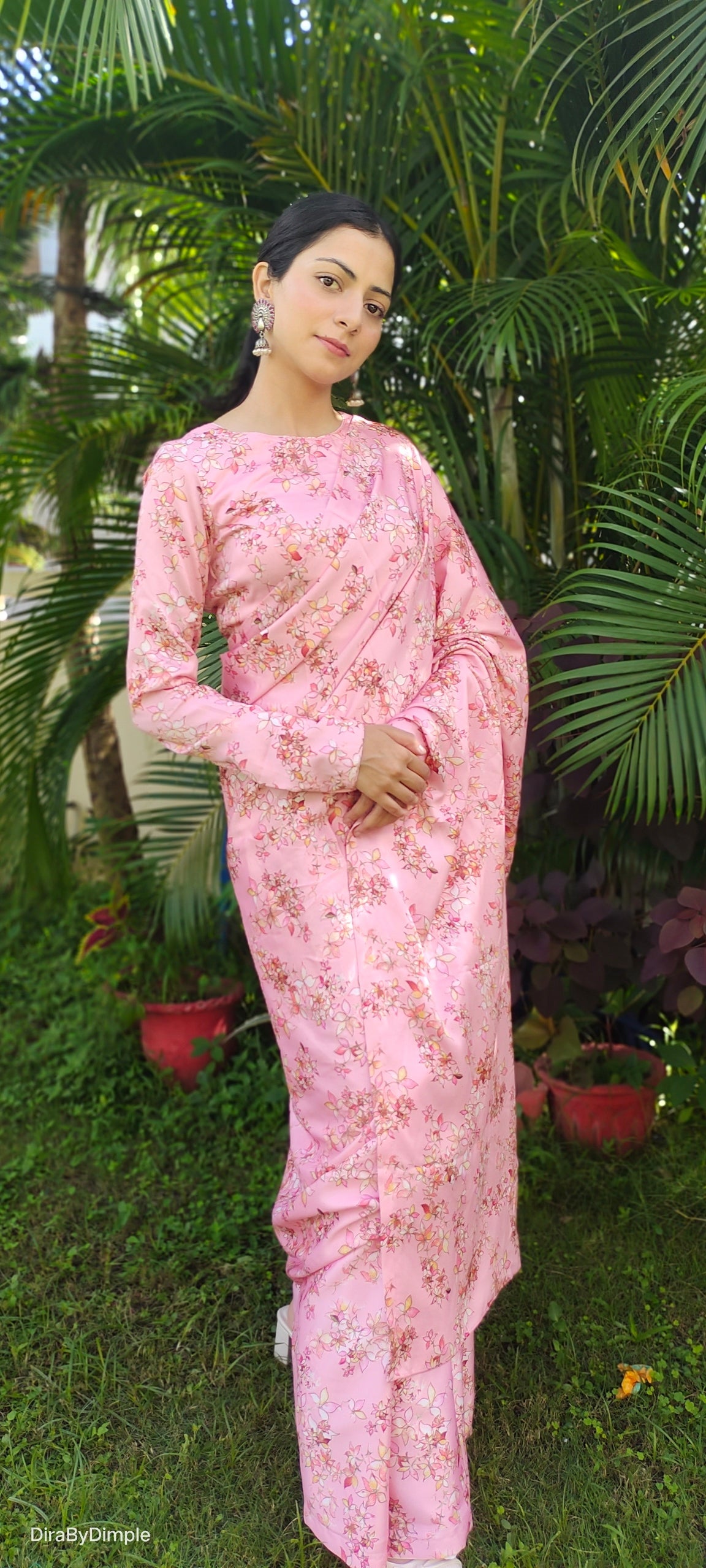 Stylish Pink Peach Satin Silk Floral Printed Saree