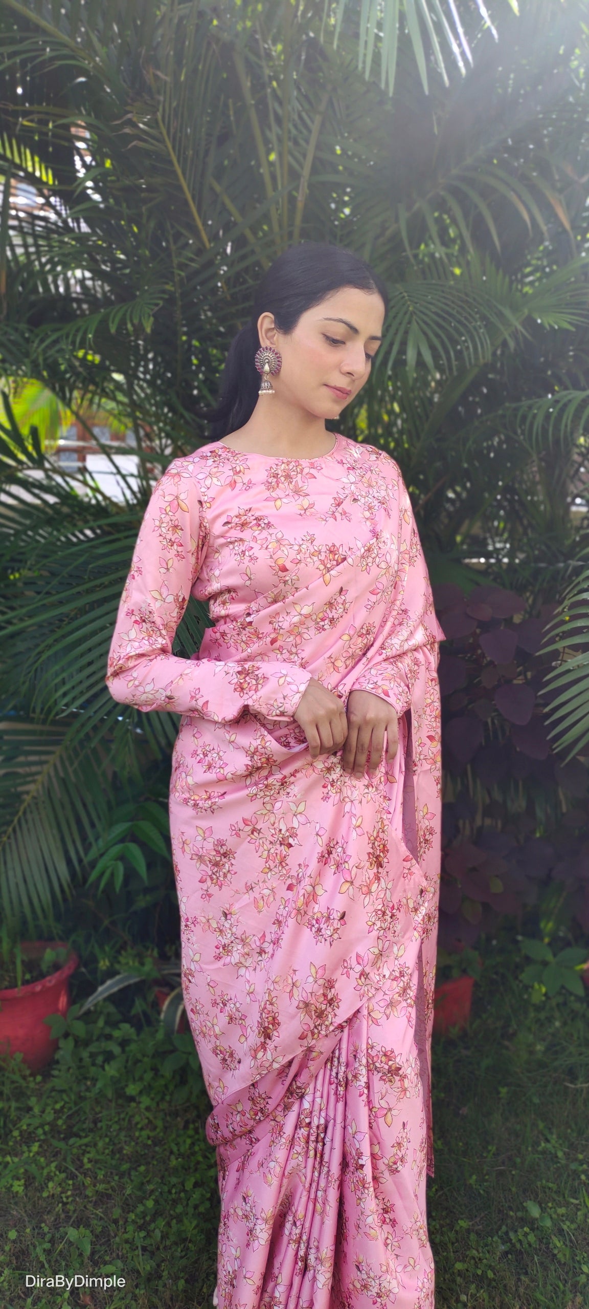 Stylish Pink Peach Satin Silk Floral Printed Saree