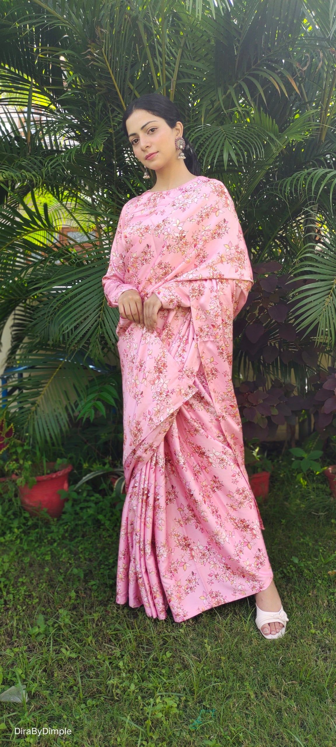 Stylish Pink Peach Satin Silk Floral Printed Saree