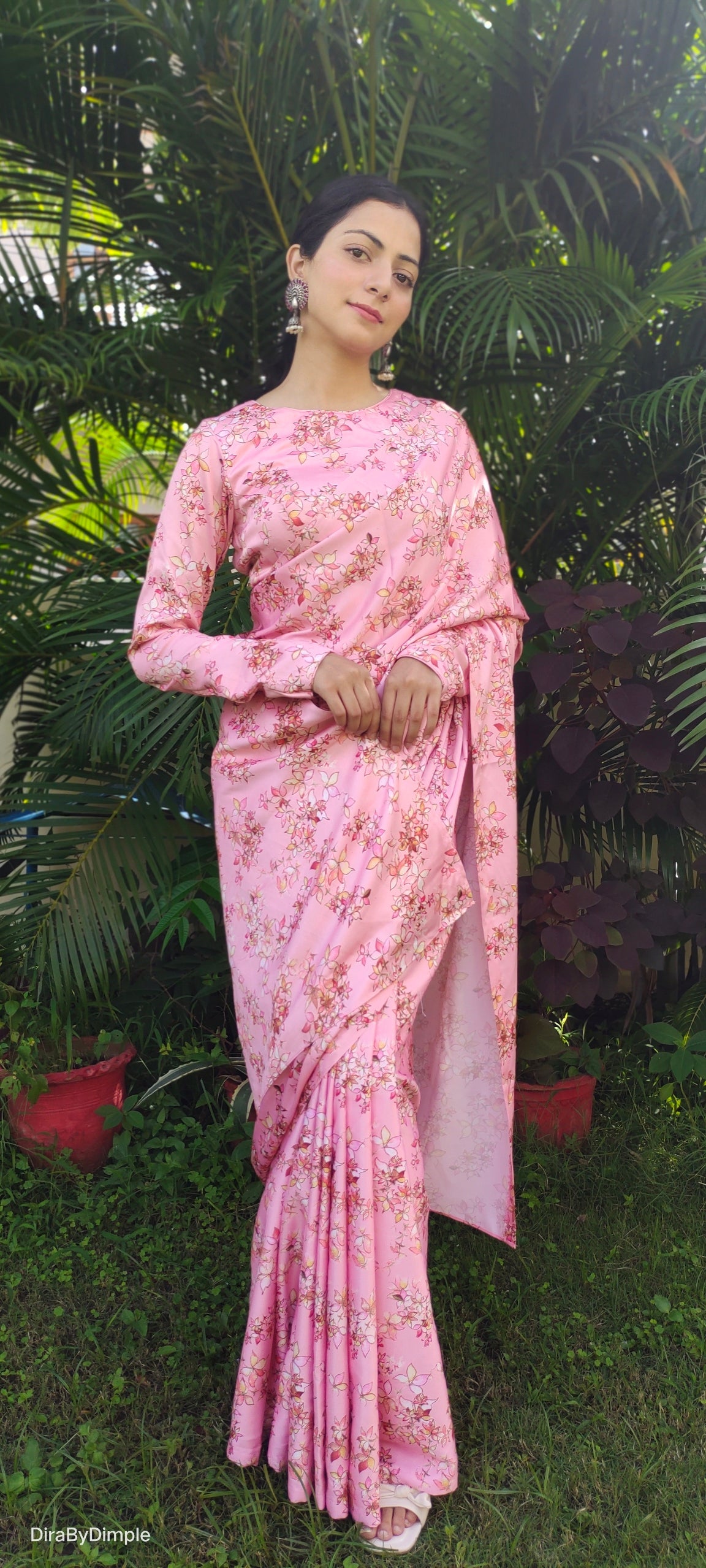 Stylish Pink Peach Satin Silk Floral Printed Saree