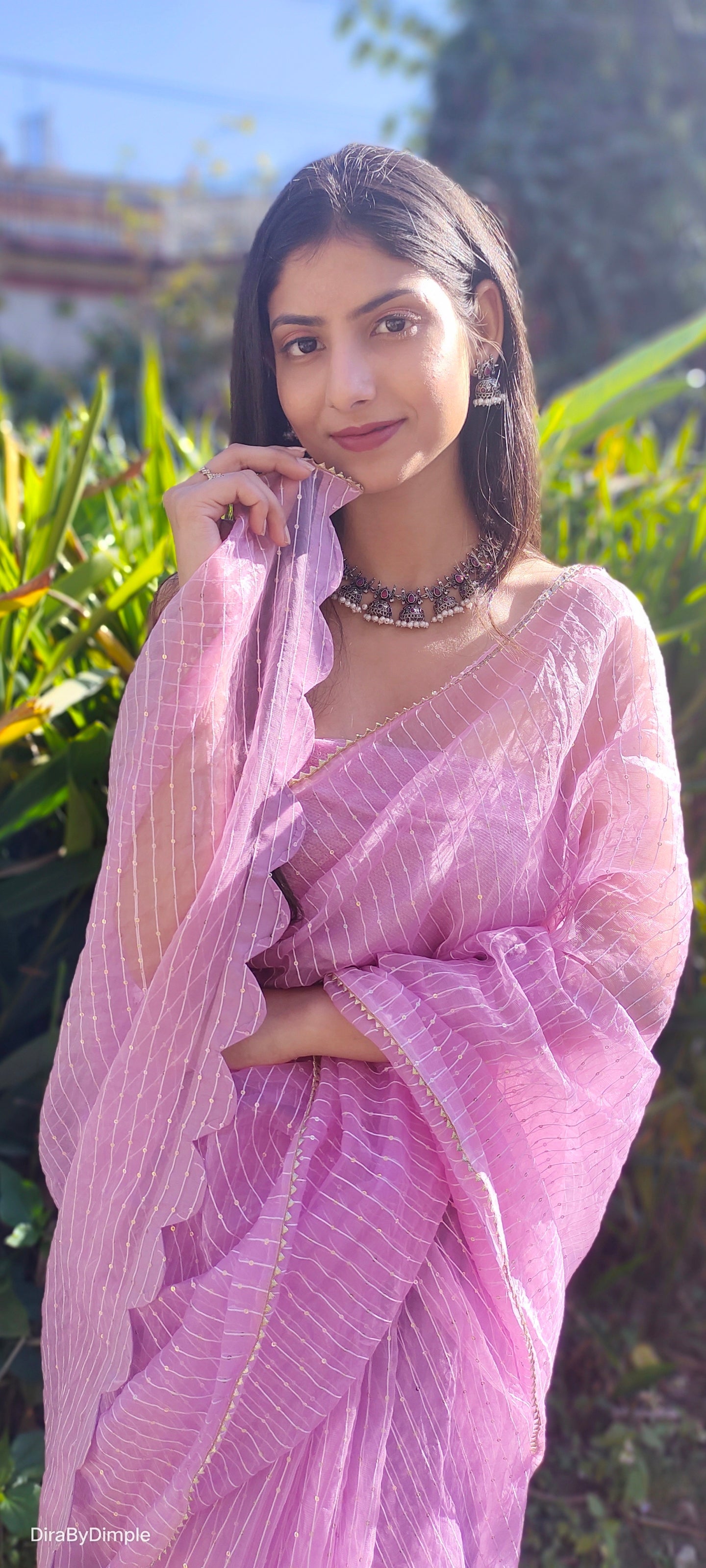 Enticing Purple Lilac Organza Saree Sequin Gota Geometric