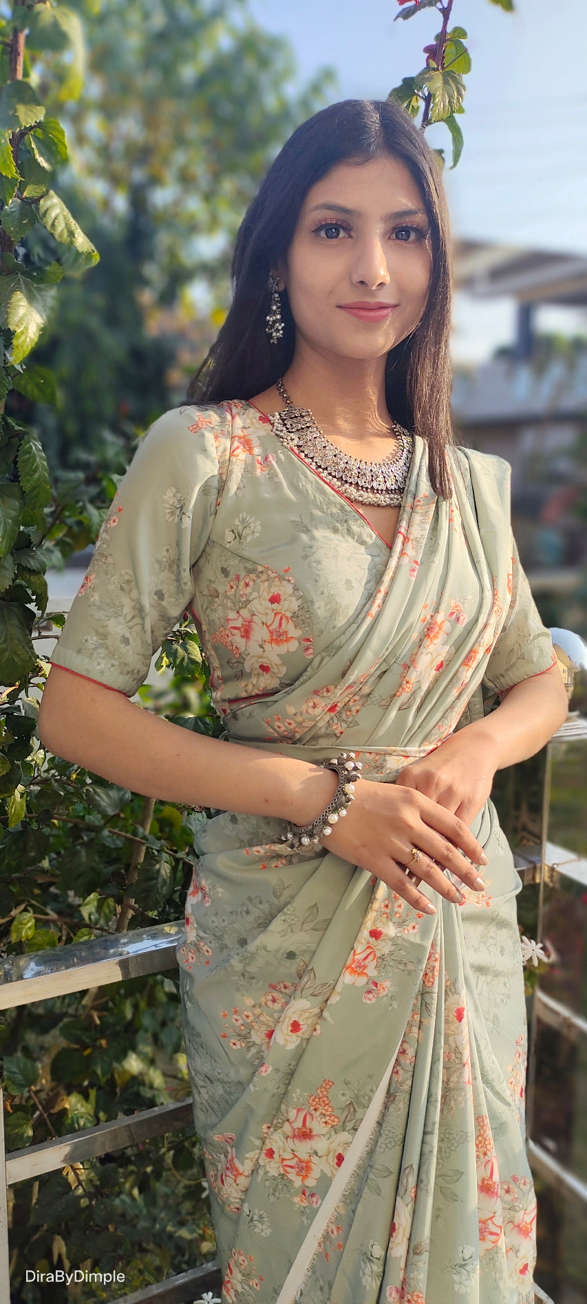 Comfy Green Olive Soft Satin Printed Saree Floral