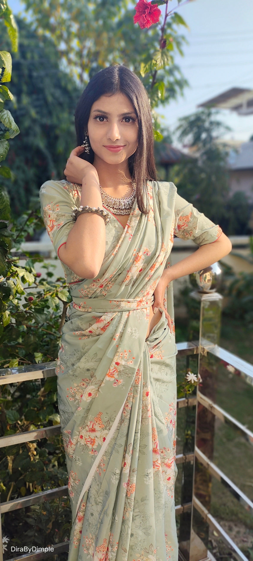 Comfy Green Olive Soft Satin Printed Saree Floral