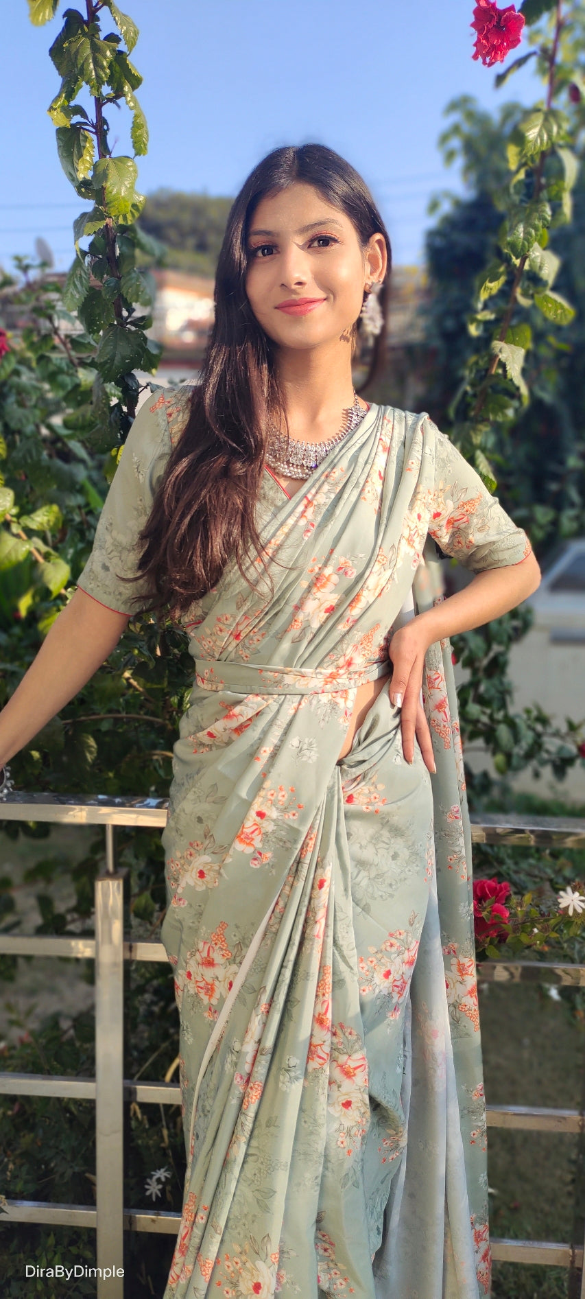 Comfy Green Olive Soft Satin Printed Saree Floral