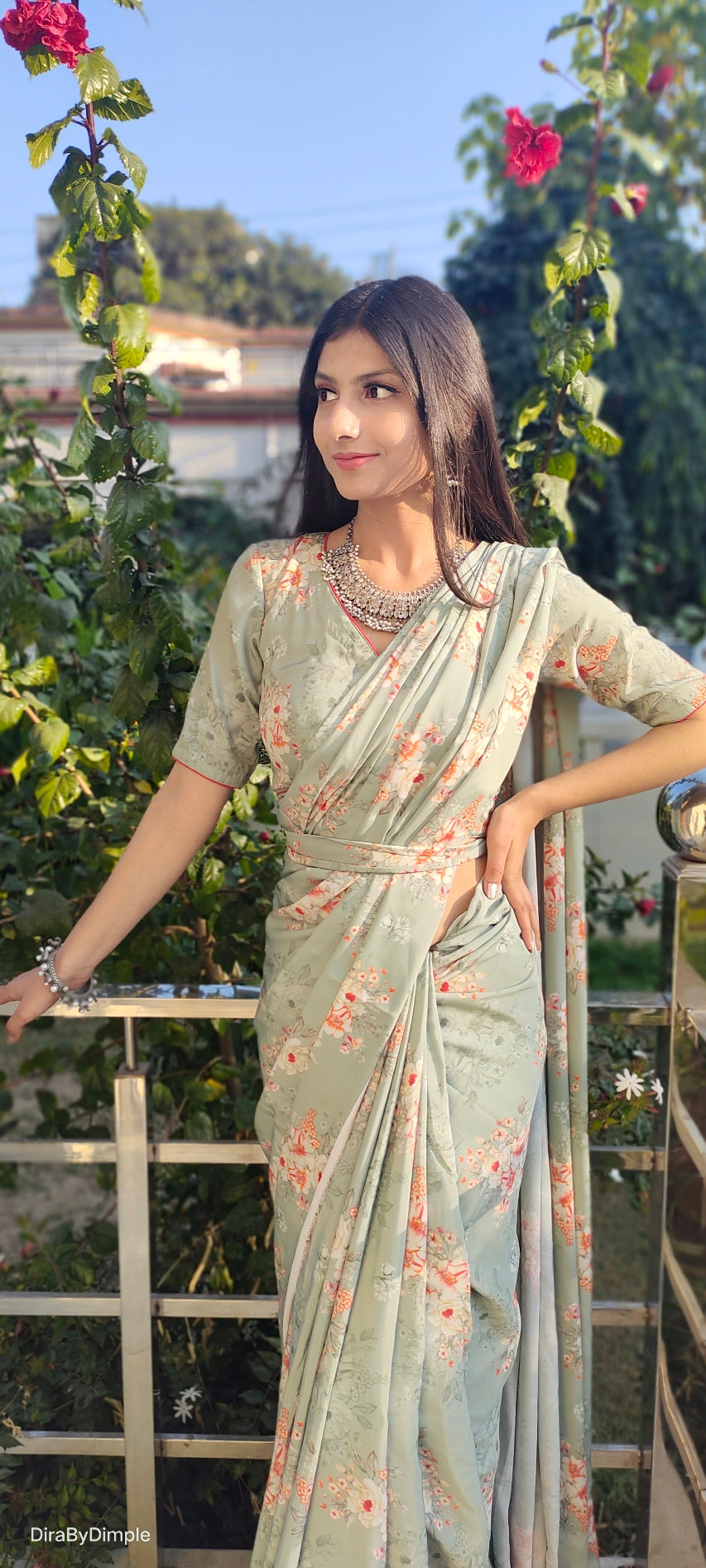 Comfy Green Olive Soft Satin Printed Saree Floral