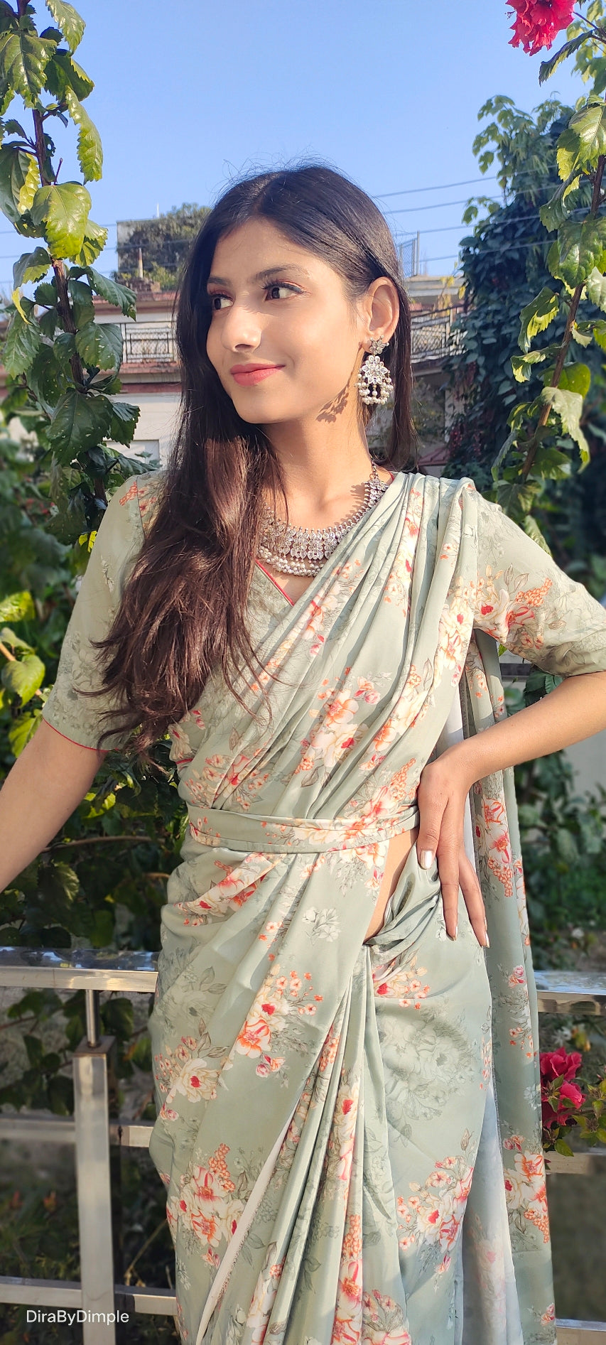 Comfy Green Olive Soft Satin Printed Saree Floral