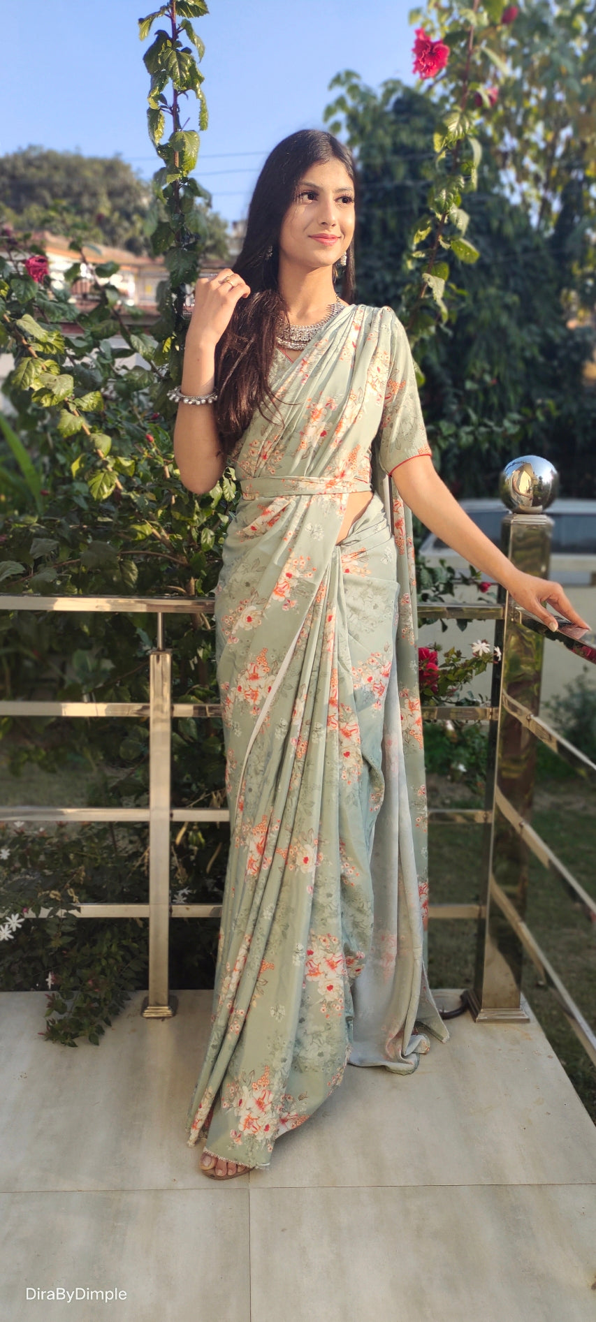 Comfy Green Olive Soft Satin Printed Saree Floral