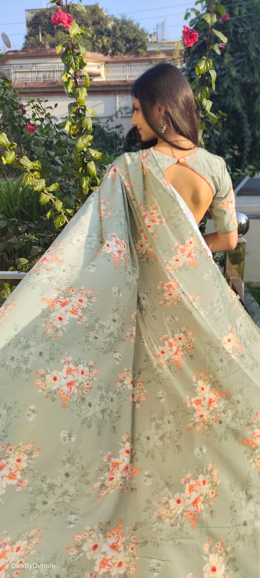 Comfy Green Olive Soft Satin Printed Saree Floral