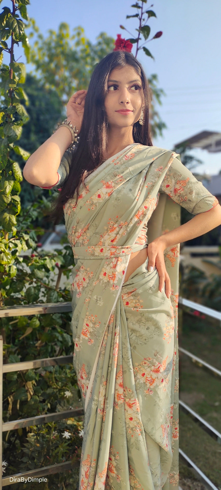 Comfy Green Olive Soft Satin Printed Saree Floral